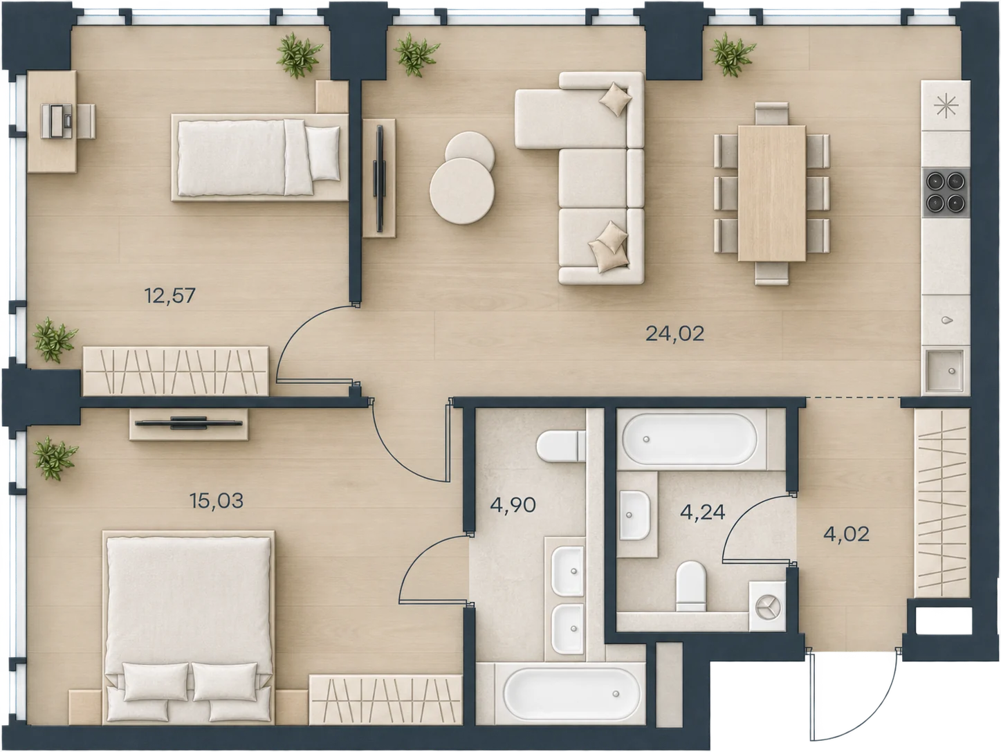 Планировка Level Павелецкая Сити, 64,78 м² — 3D AI-иллюстрация