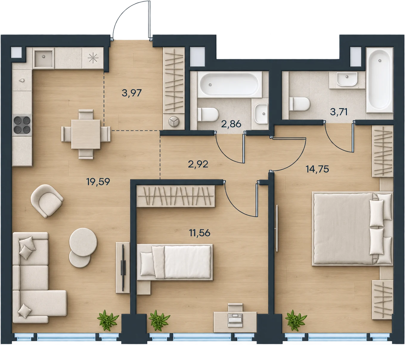 Планировка Level Павелецкая Сити, 59,36 м² — 3D AI-иллюстрация