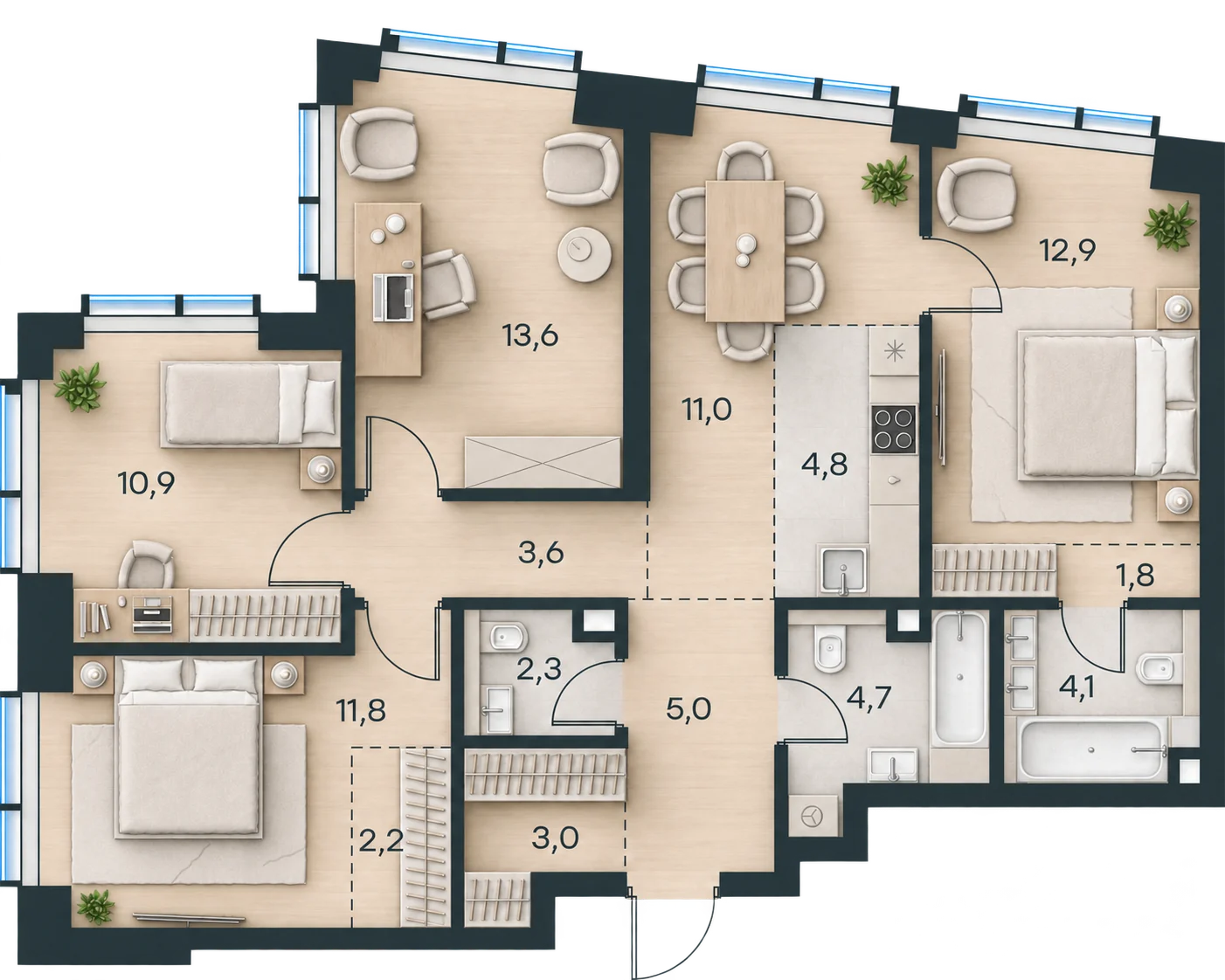Планировка Level Павелецкая Сити, 91,7 м² — 3D AI-иллюстрация