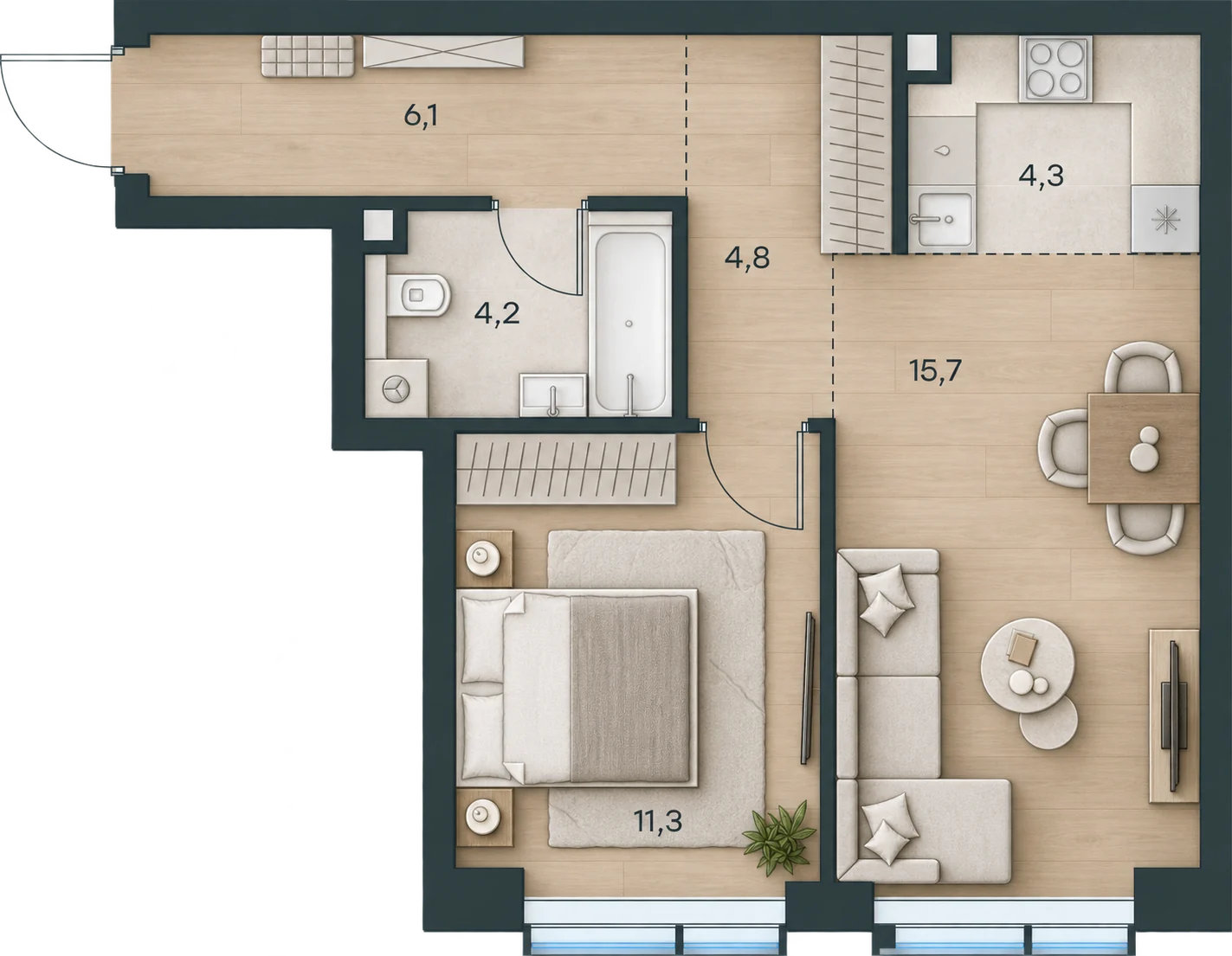 Планировка Level Павелецкая Сити, 46,4 м² — 3D AI-иллюстрация