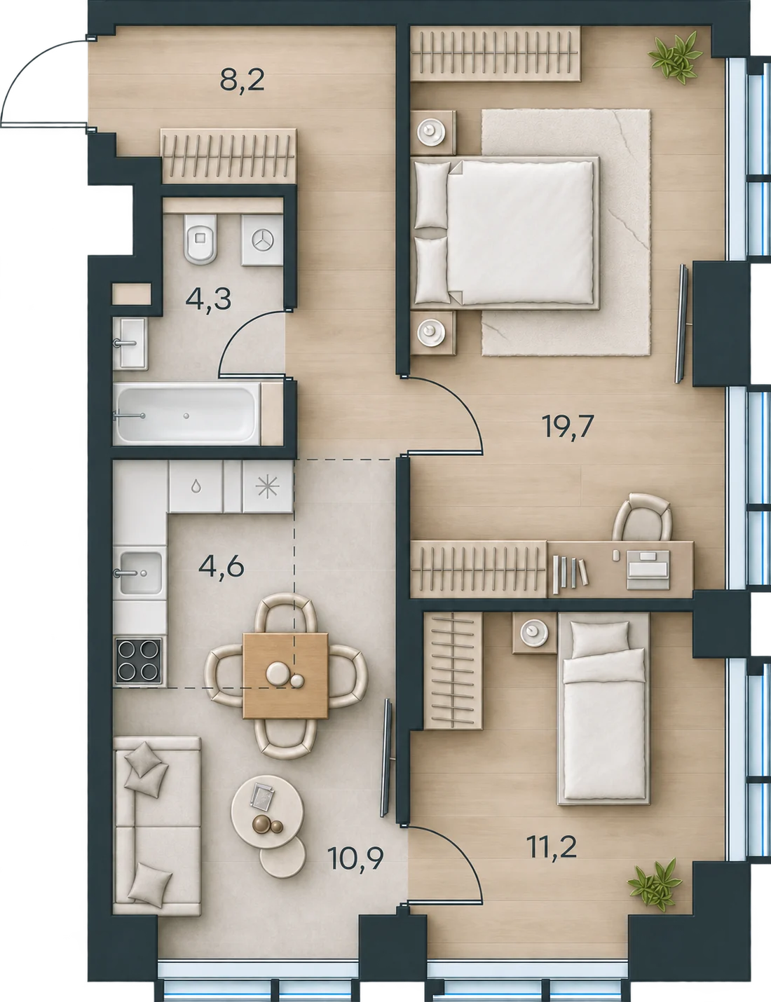 Планировка Level Павелецкая Сити, 58,9 м² — 3D AI-иллюстрация