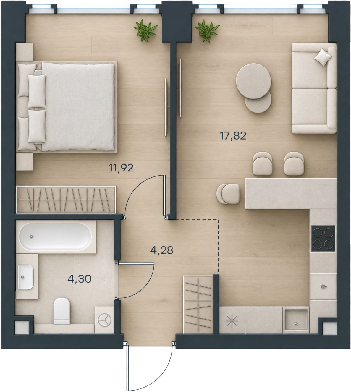 Планировка Level Павелецкая Сити, 38,37 м² — 3D AI-иллюстрация