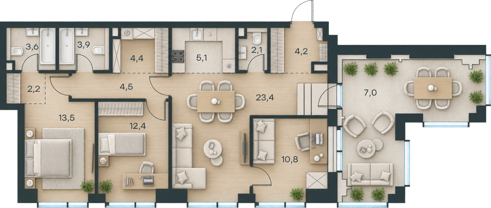 Планировка Level Павелецкая Сити, 97,1 м² — 3D AI-иллюстрация