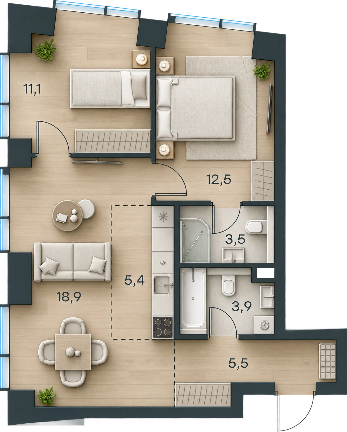 Планировка Level Павелецкая Сити, 60,8 м² — 3D AI-иллюстрация
