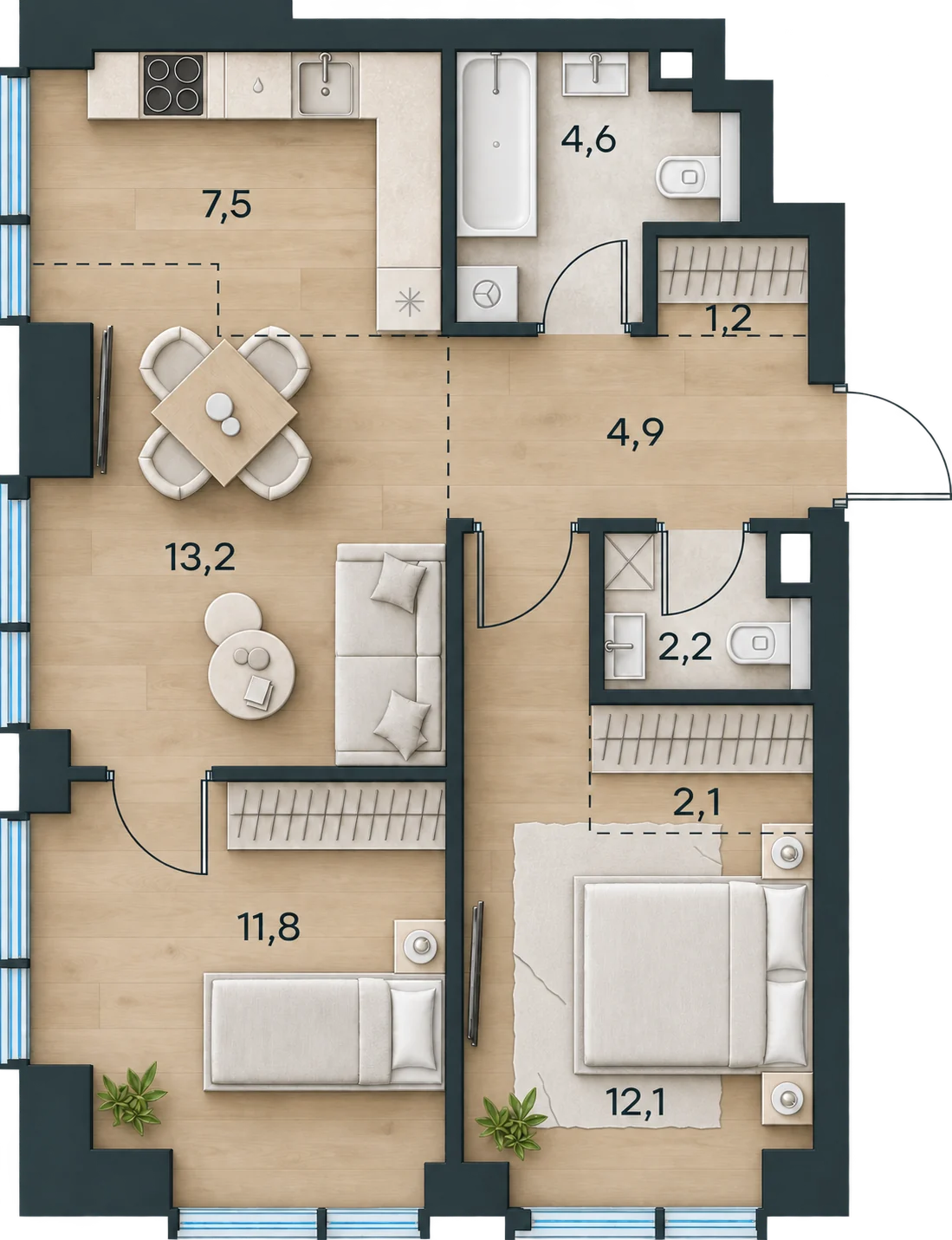 Планировка Level Павелецкая Сити, 59,6 м² — 3D AI-иллюстрация