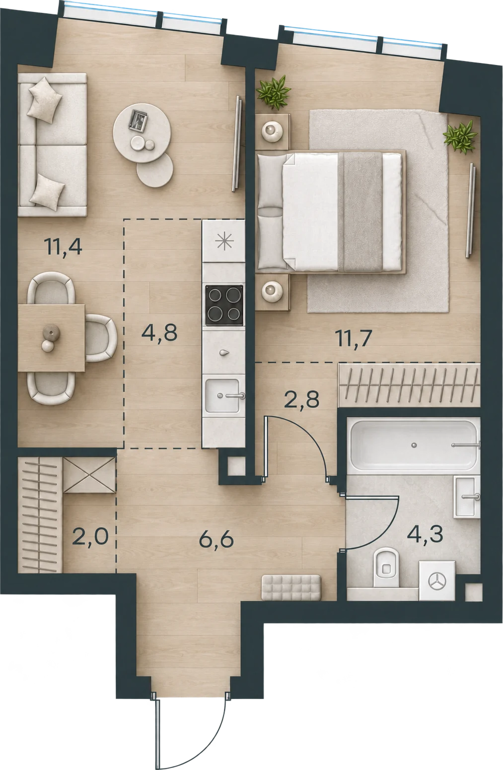 Планировка Level Павелецкая Сити, 43,6 м² — 3D AI-иллюстрация