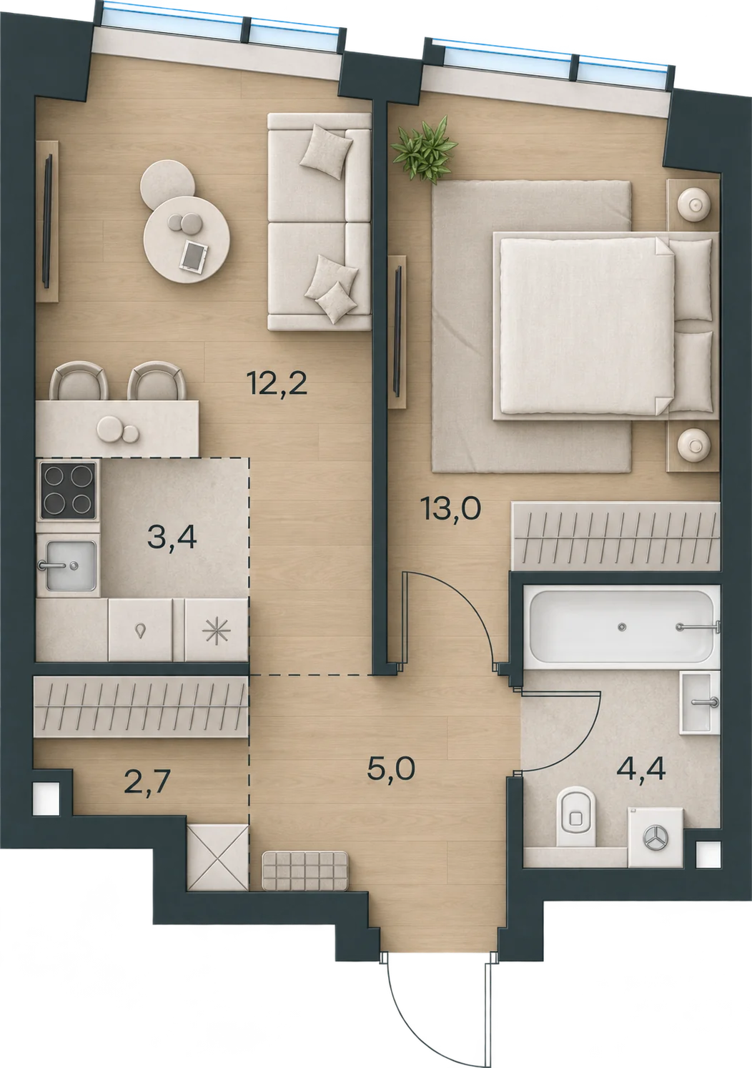 Планировка Level Павелецкая Сити, 40,7 м² — 3D AI-иллюстрация