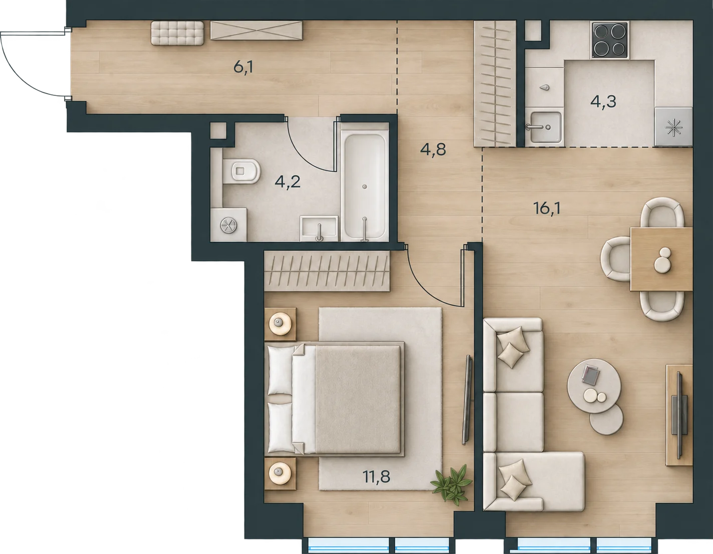 Планировка Level Павелецкая Сити, 47,3 м² — 3D AI-иллюстрация