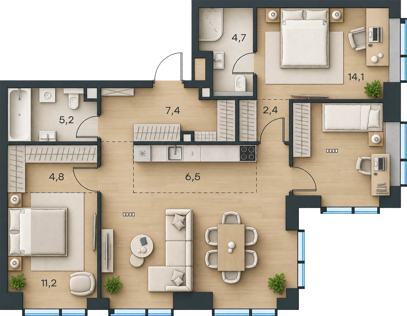 Планировка Level Павелецкая Сити, 94,9 м² — 3D AI-иллюстрация