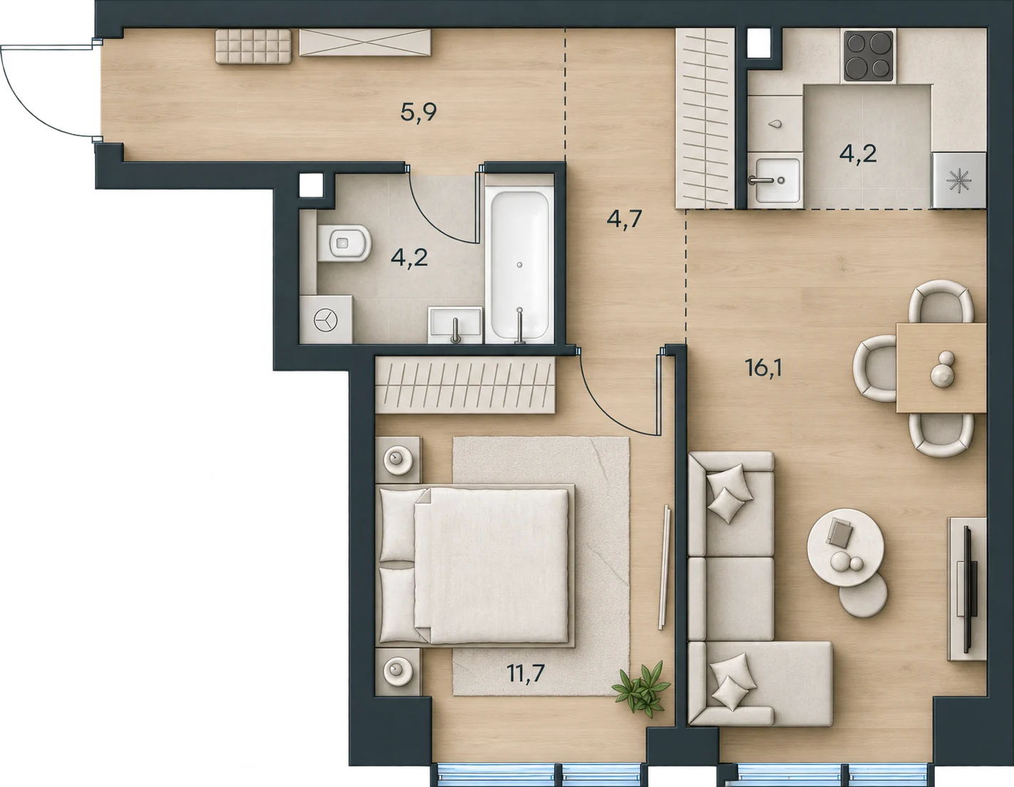 Планировка Level Павелецкая Сити, 46,8 м² — 3D AI-иллюстрация