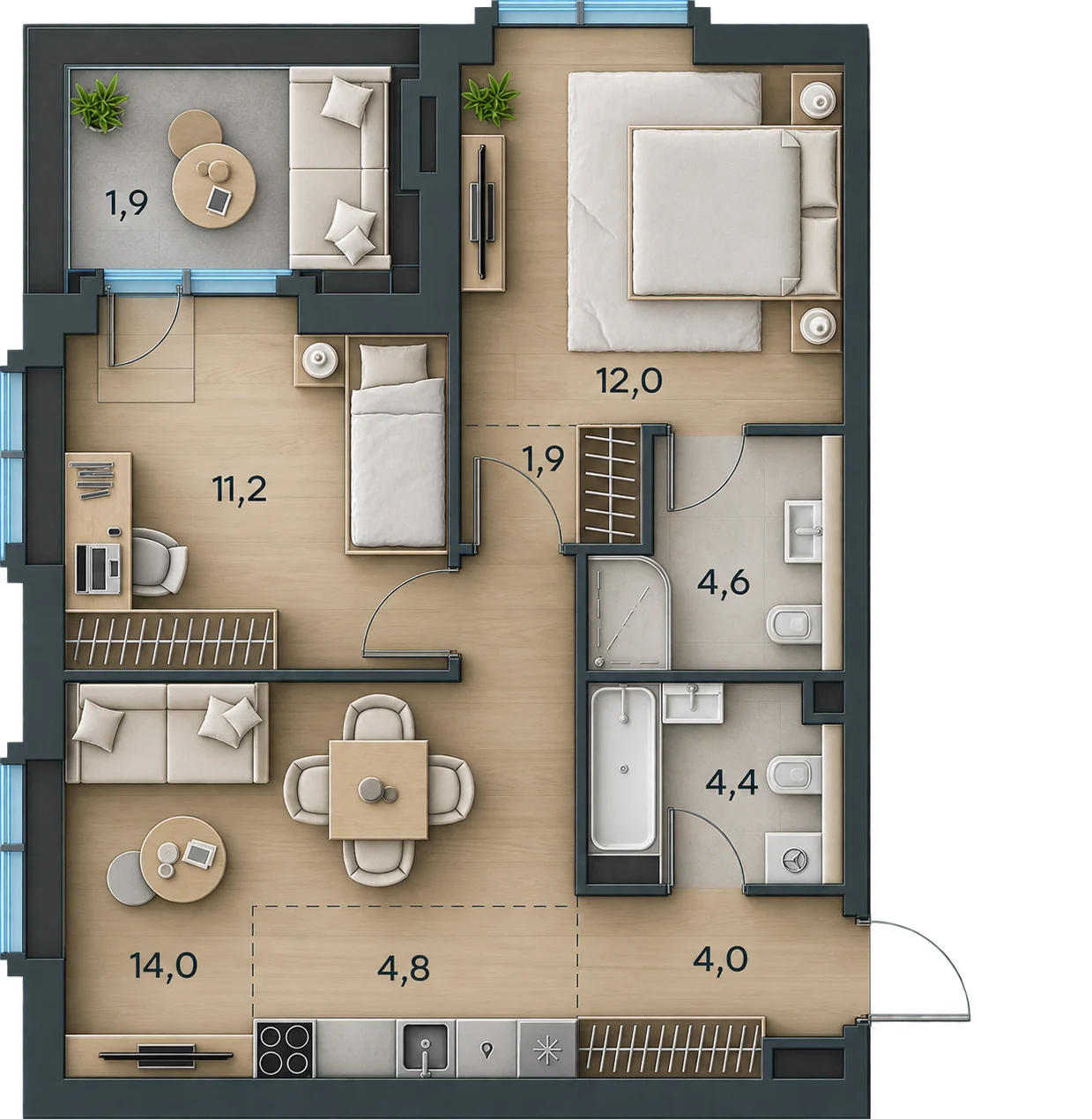 Планировка Level Павелецкая Сити, 58,8 м² — 3D AI-иллюстрация