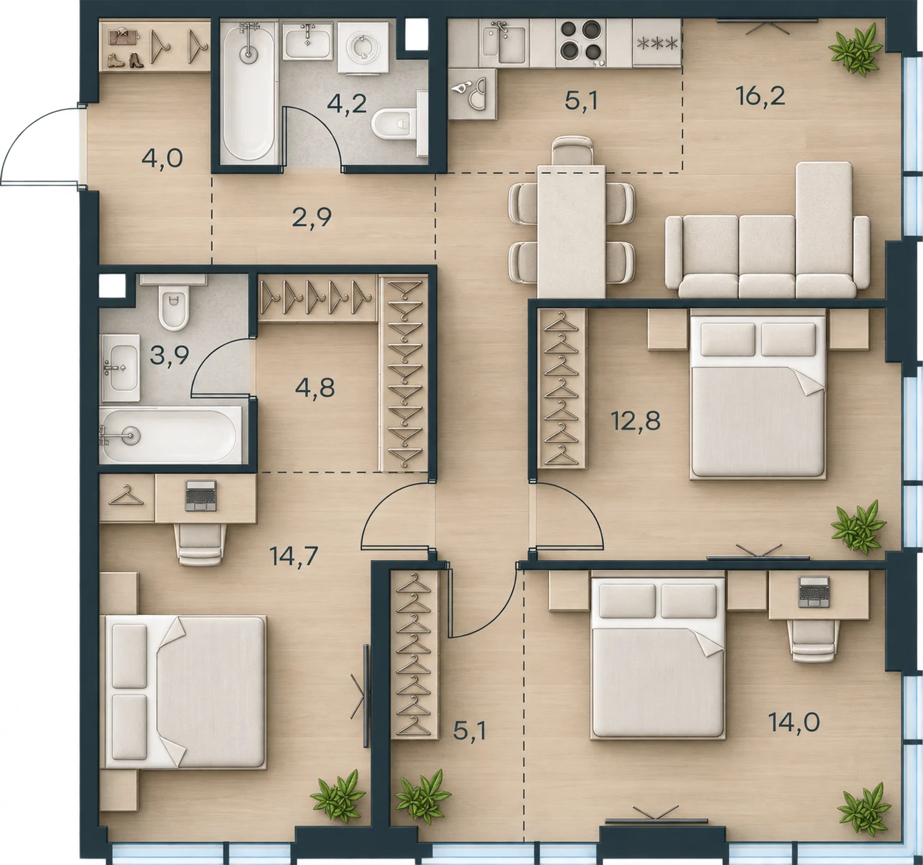 Планировка Level Павелецкая Сити, 87,7 м² — 3D AI-иллюстрация