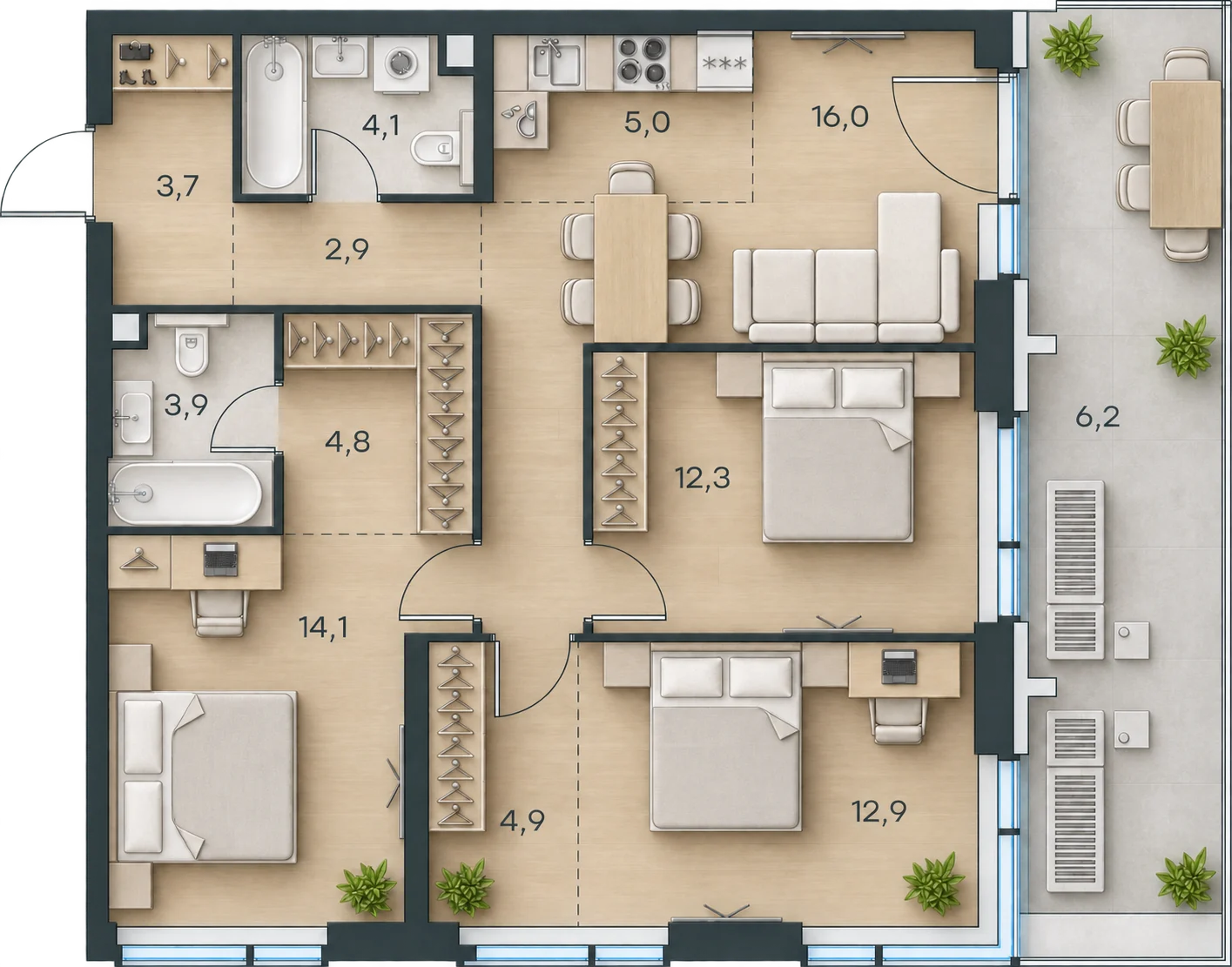 Планировка Level Павелецкая Сити, 90,8 м² — 3D AI-иллюстрация