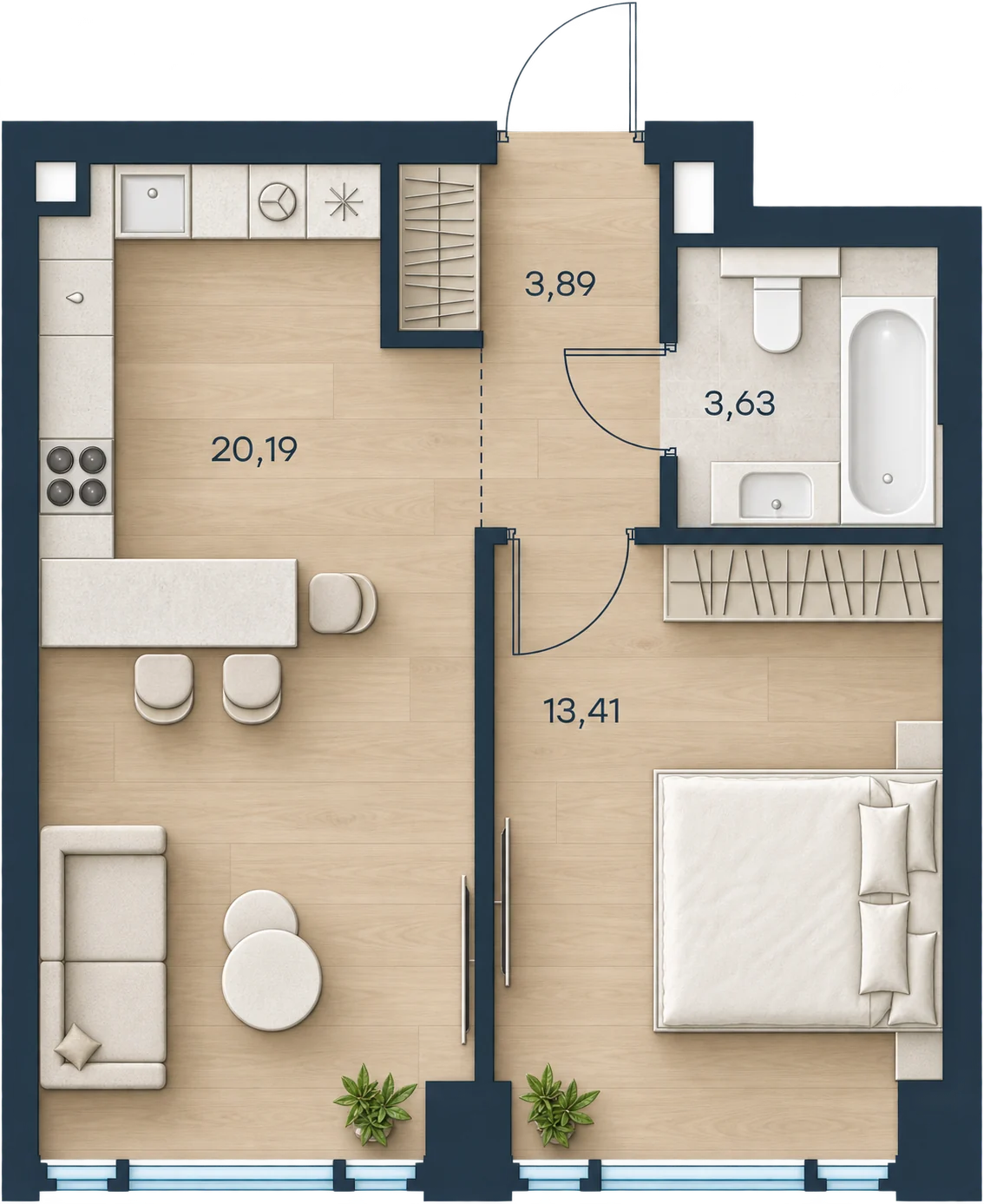 Планировка Level Павелецкая Сити, 41,12 м² — 3D AI-иллюстрация
