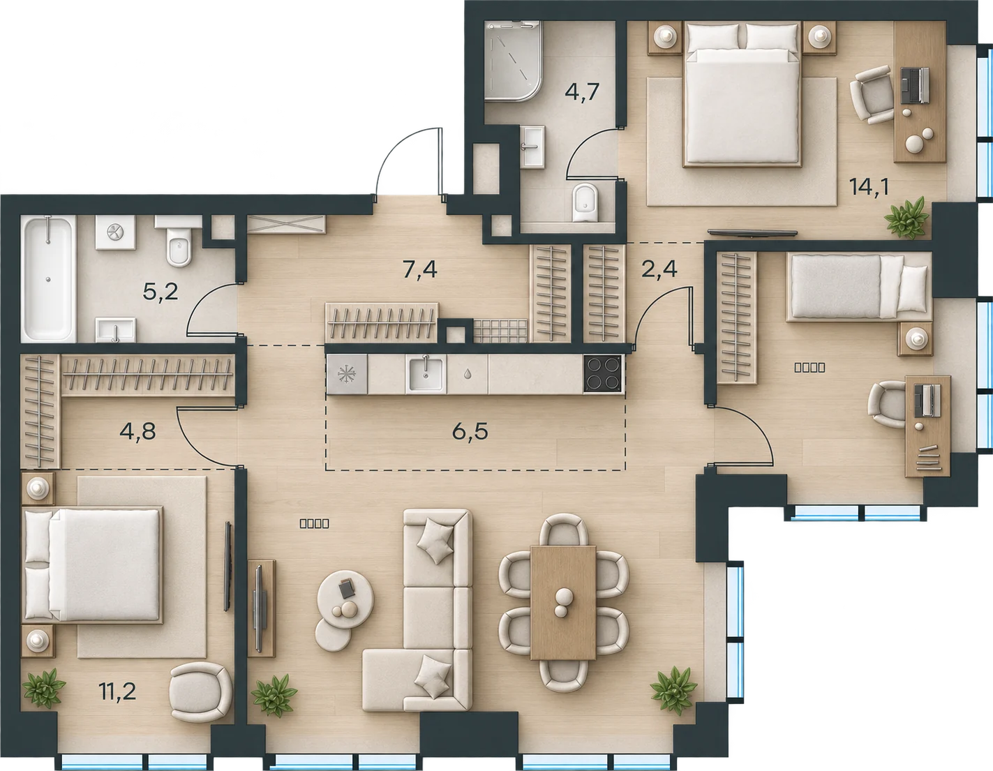Планировка Level Павелецкая Сити, 94,9 м² — 3D AI-иллюстрация