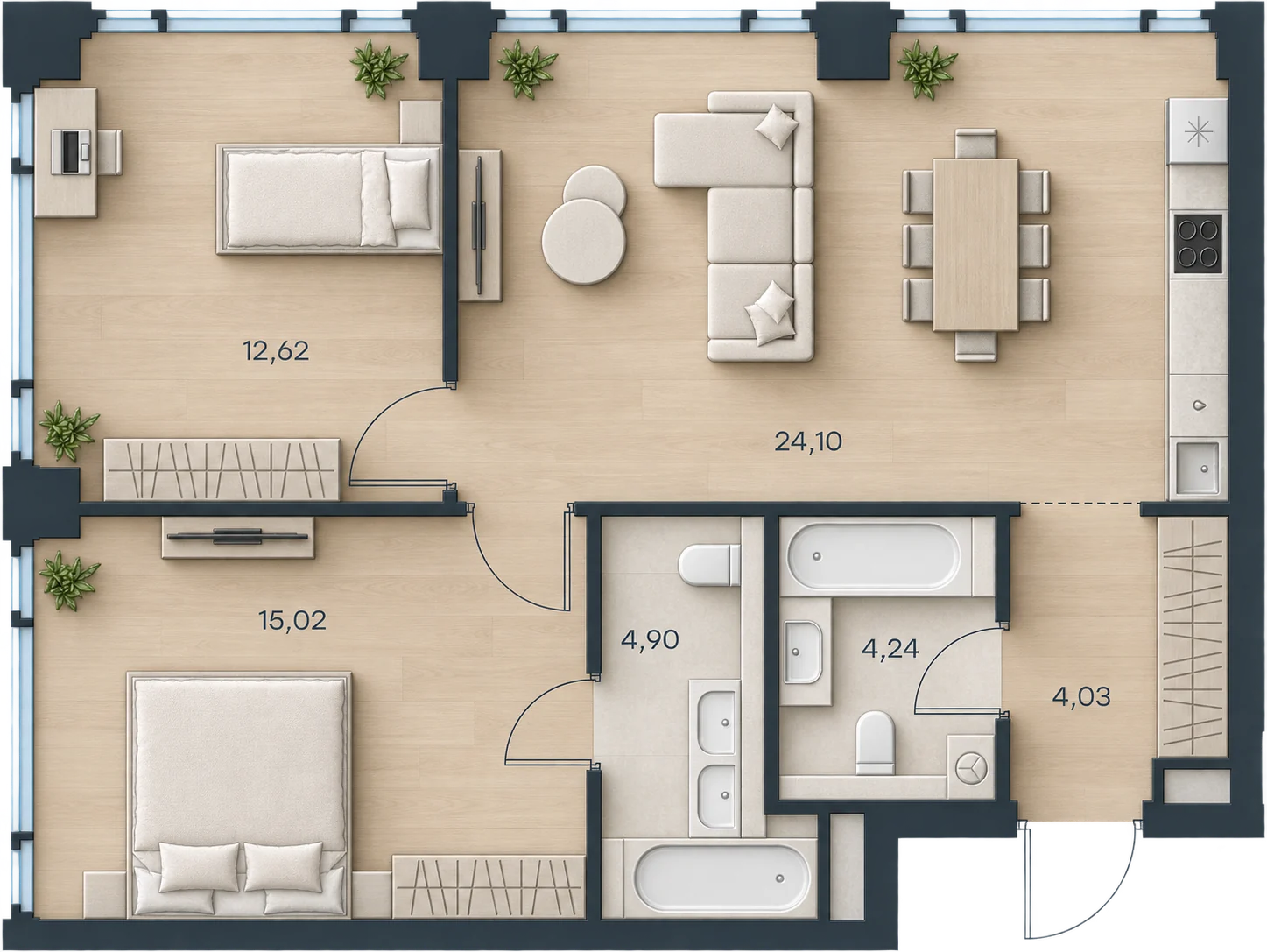 Планировка Level Павелецкая Сити, 64,94 м² — 3D AI-иллюстрация