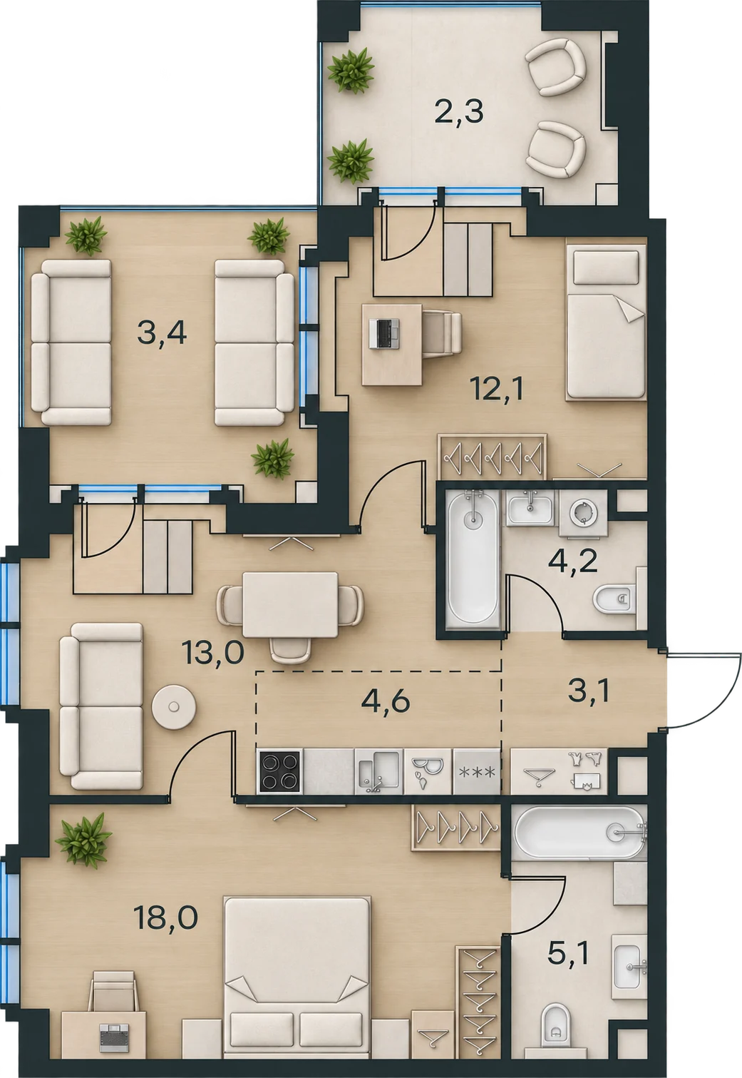Планировка Level Павелецкая Сити, 65,8 м² — 3D AI-иллюстрация