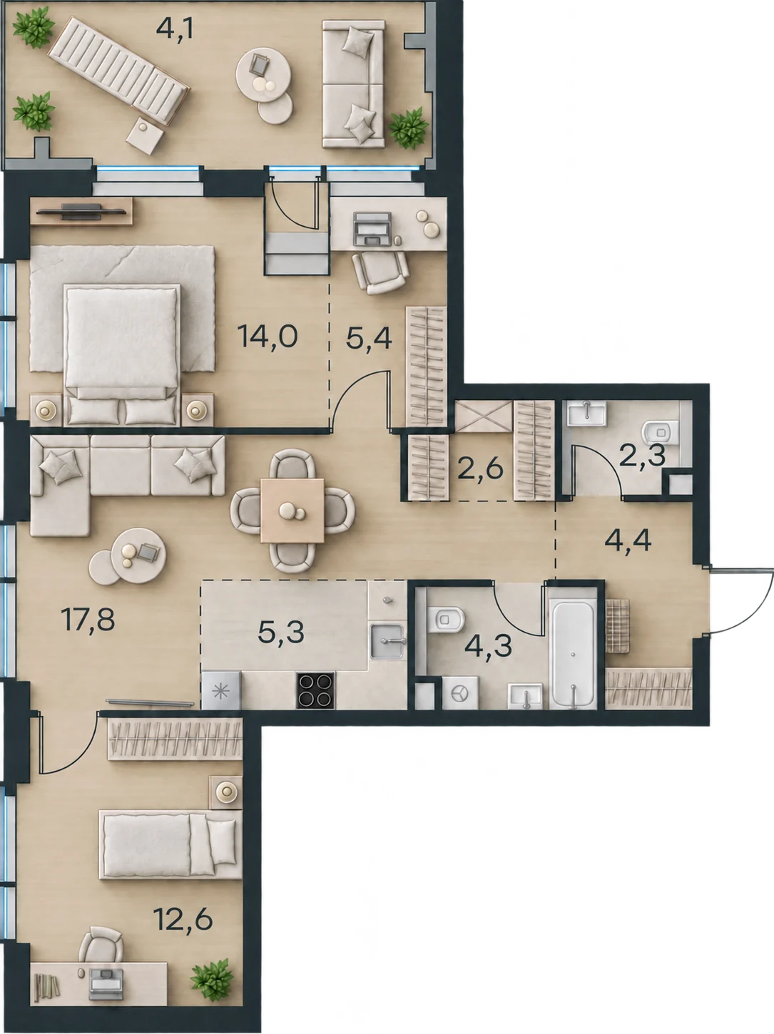 Планировка Level Павелецкая Сити, 72,8 м² — 3D AI-иллюстрация