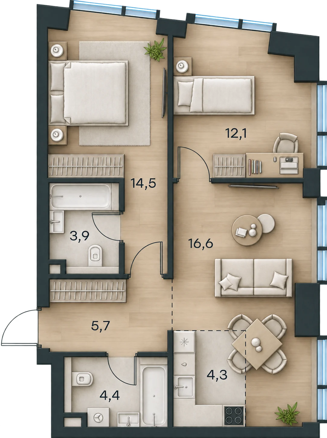 Планировка Level Павелецкая Сити, 61,5 м² — 3D AI-иллюстрация