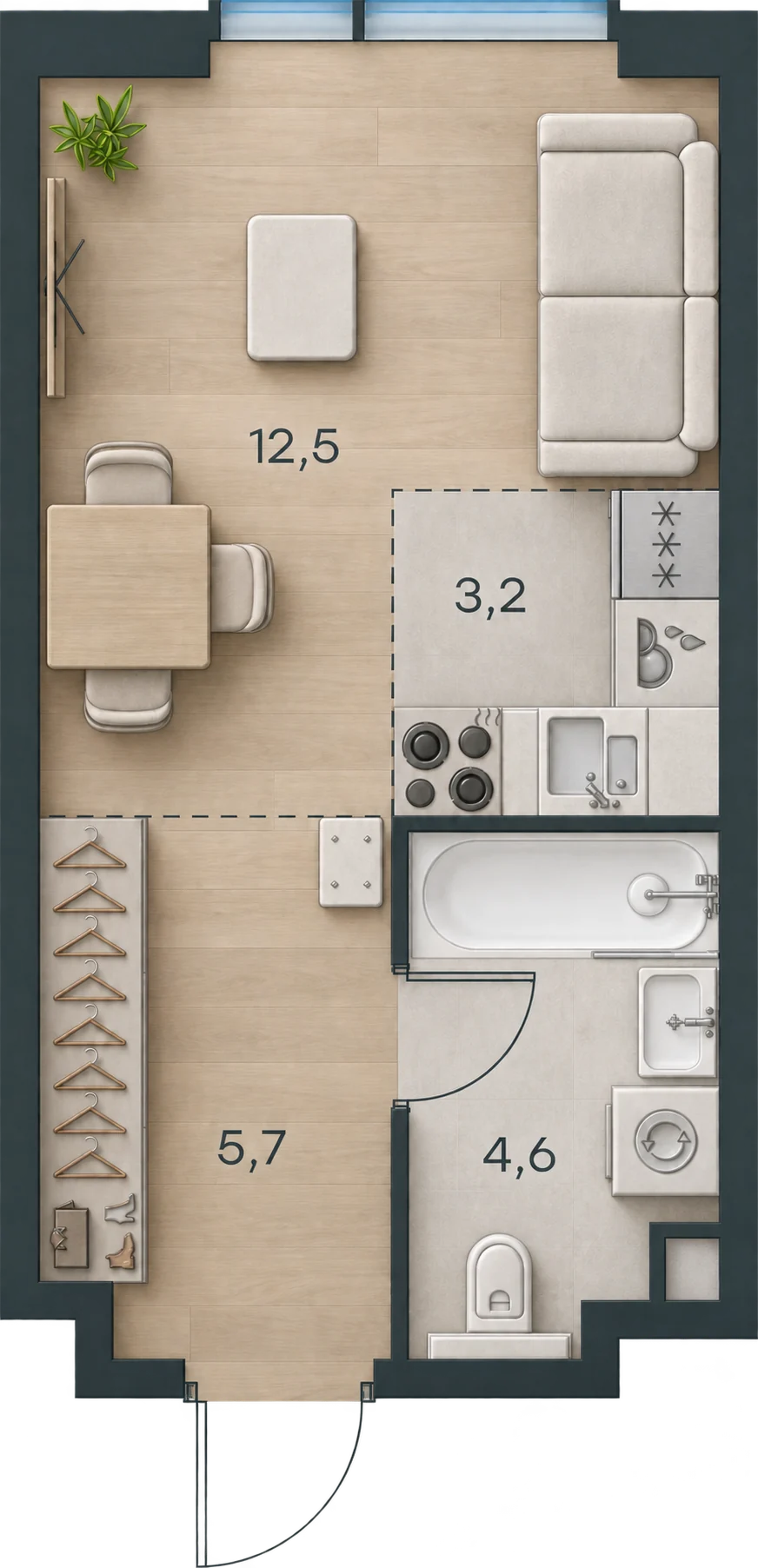 Планировка Level Павелецкая Сити, 26,0 м² — 3D AI-иллюстрация