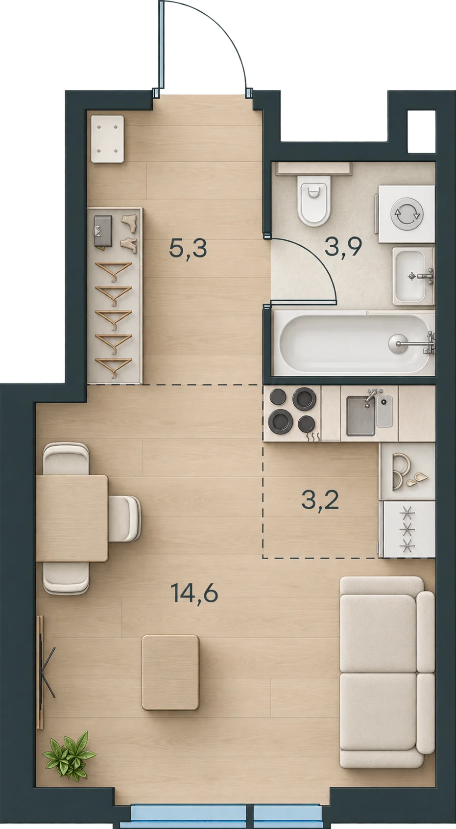 Планировка Level Павелецкая Сити, 27,0 м² — 3D AI-иллюстрация