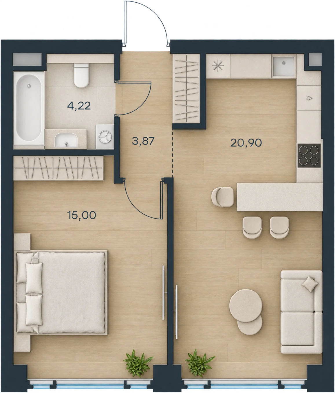 Планировка Level Павелецкая Сити, 43,99 м² — 3D AI-иллюстрация