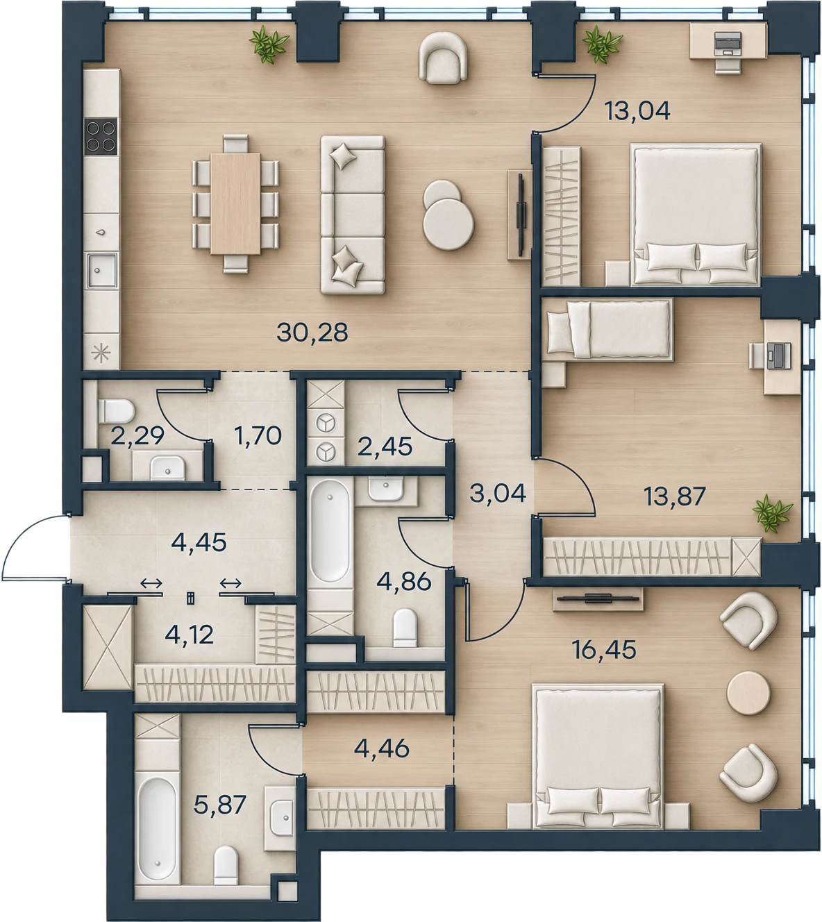 Планировка Level Павелецкая Сити, 106,88 м² — 3D AI-иллюстрация