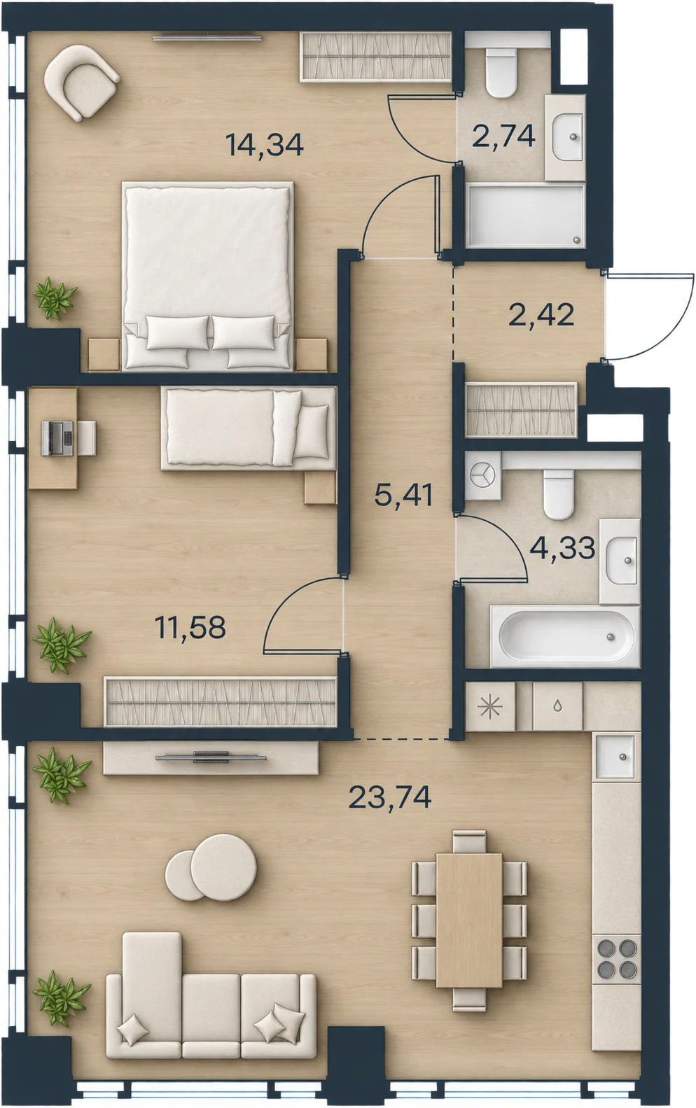 Планировка Level Павелецкая Сити, 64,56 м² — 3D AI-иллюстрация