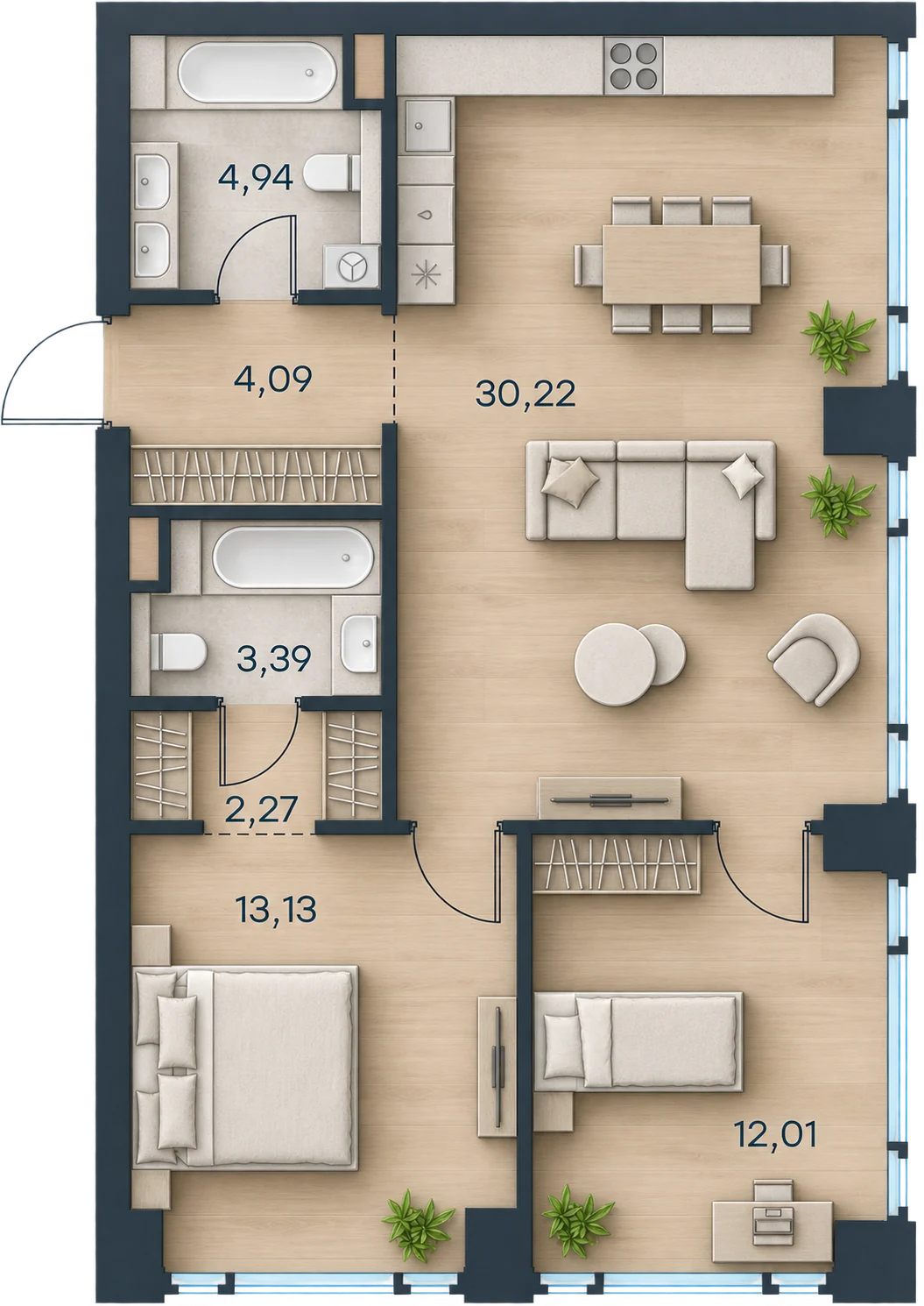 Планировка Level Павелецкая Сити, 70,05 м² — 3D AI-иллюстрация