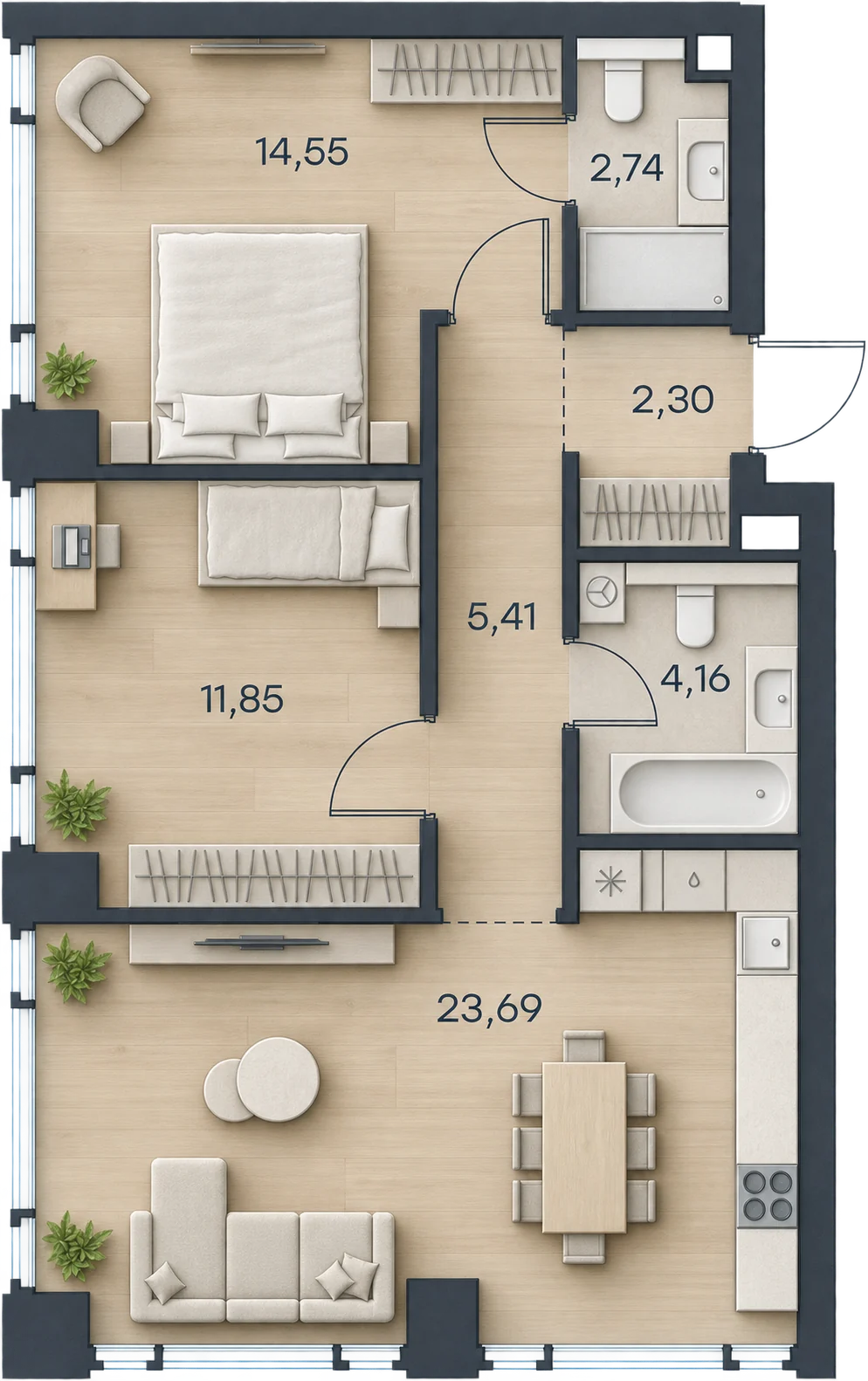 Планировка Level Павелецкая Сити, 64,7 м² — 3D AI-иллюстрация