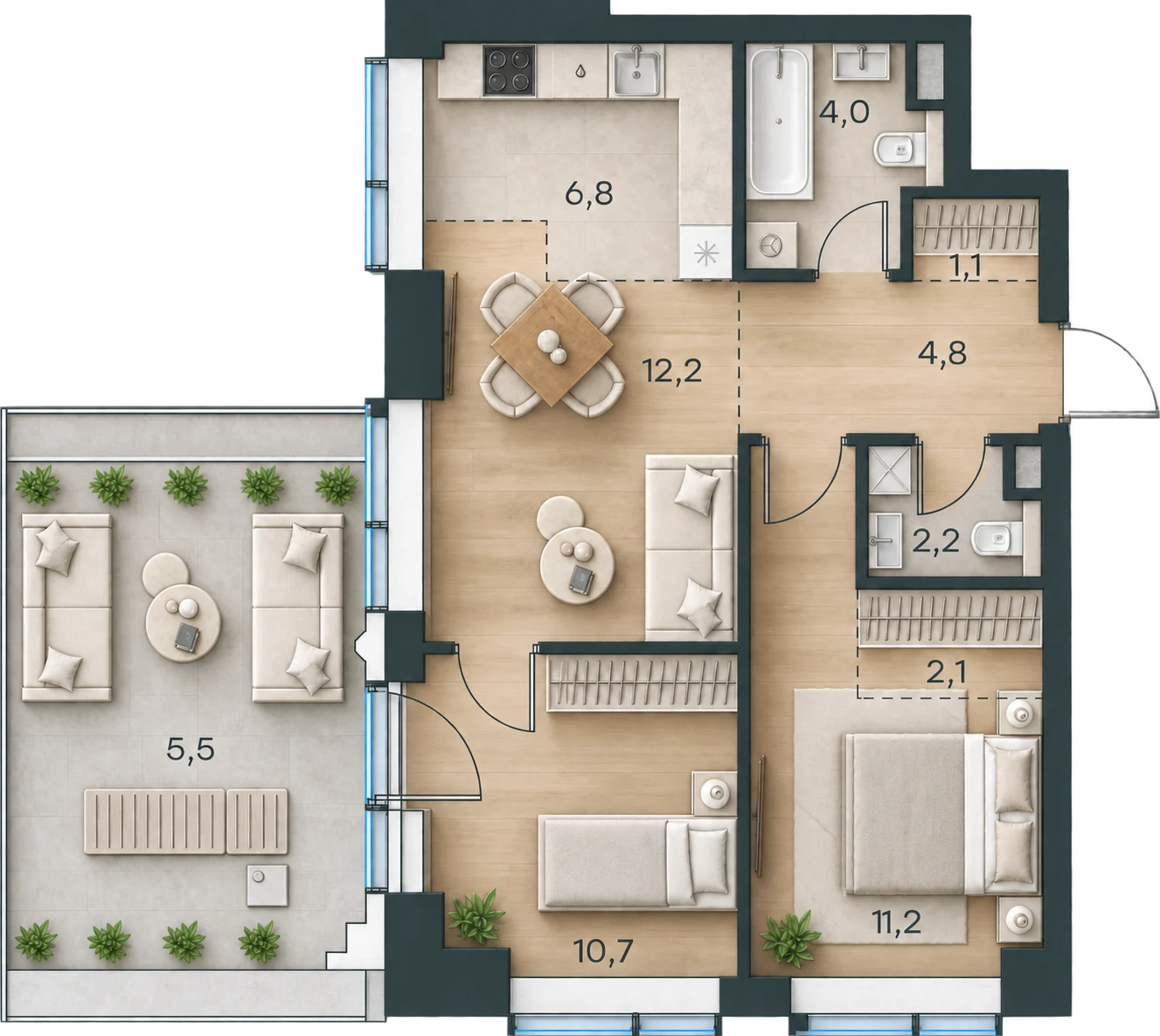 Планировка Level Павелецкая Сити, 60,6 м² — 3D AI-иллюстрация
