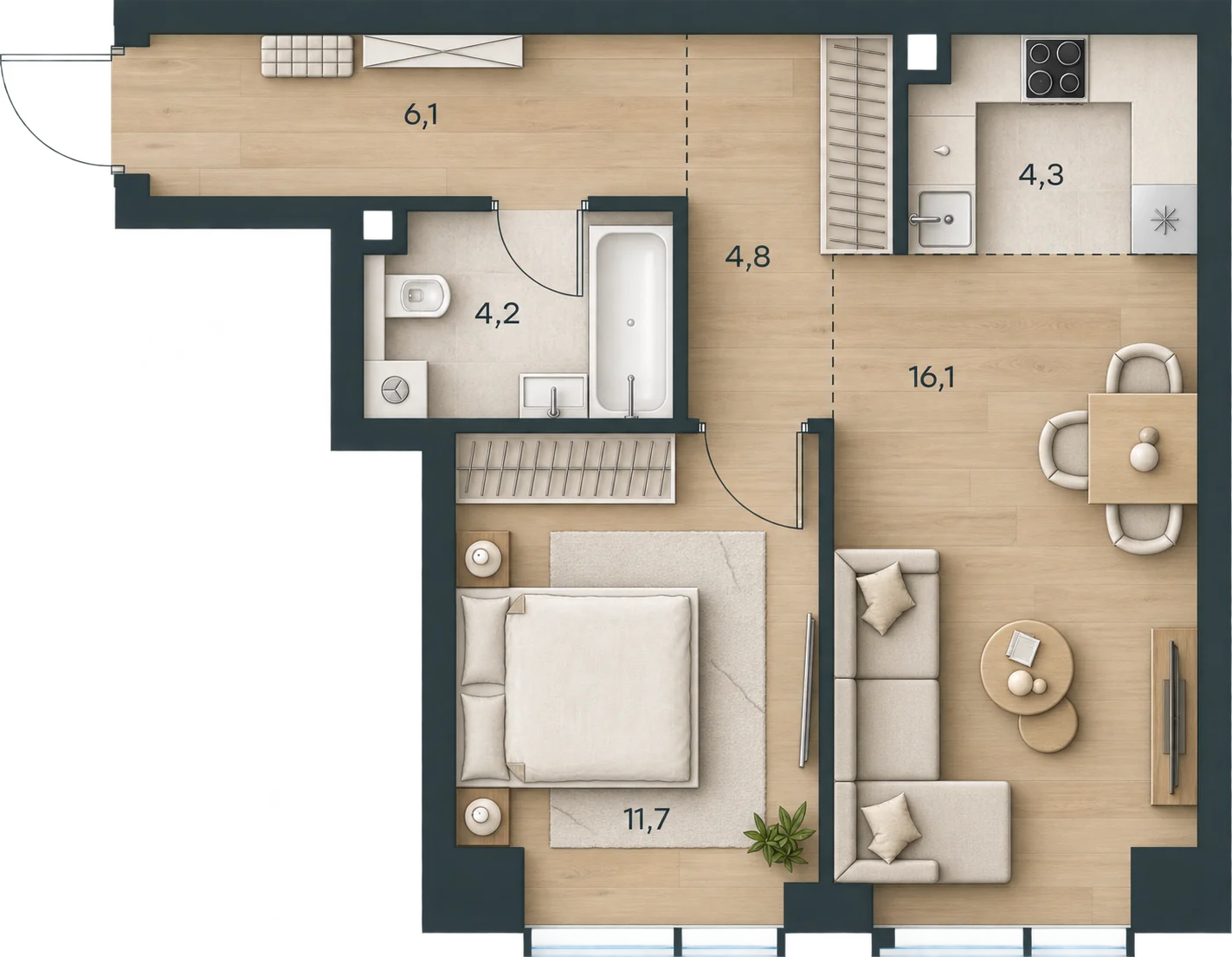 Планировка Level Павелецкая Сити, 47,2 м² — 3D AI-иллюстрация