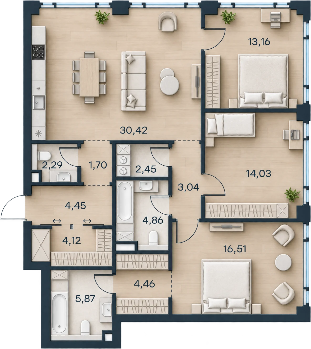 Планировка Level Павелецкая Сити, 107,36 м² — 3D AI-иллюстрация