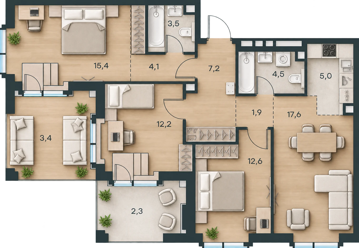 Планировка Level Павелецкая Сити, 89,7 м² — 3D AI-иллюстрация