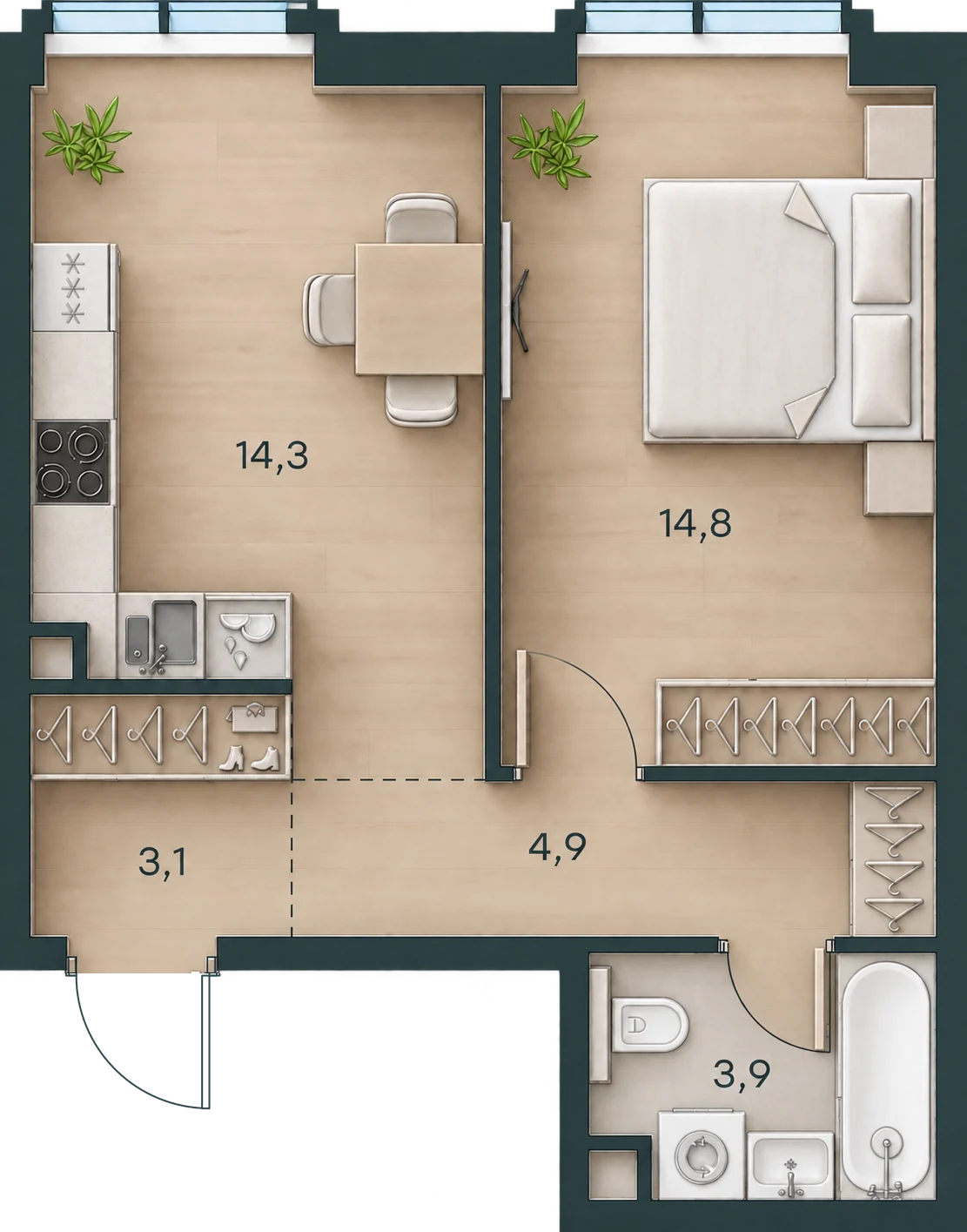 Планировка Level Павелецкая Сити, 41,0 м² — 3D AI-иллюстрация