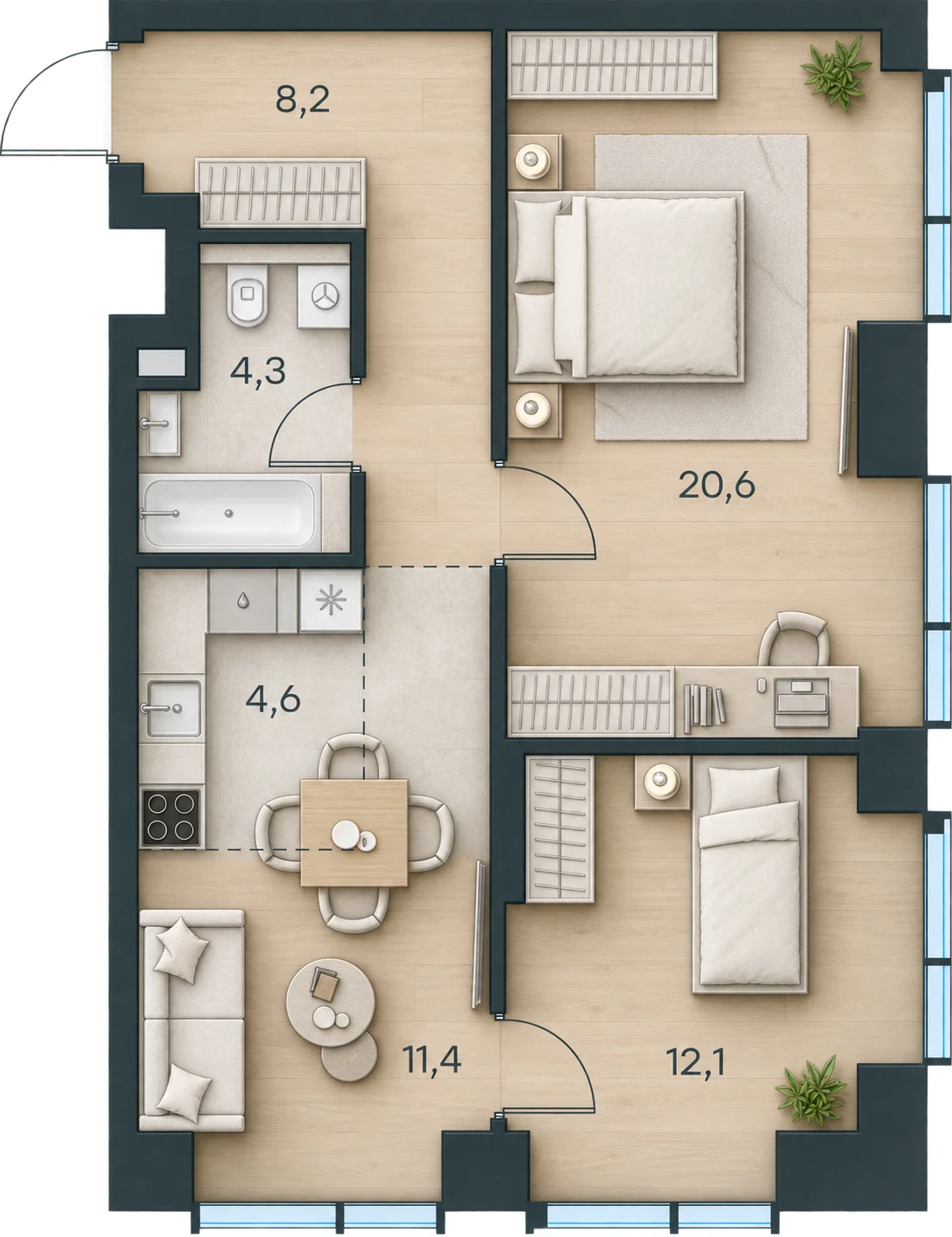 Планировка Level Павелецкая Сити, 61,2 м² — 3D AI-иллюстрация