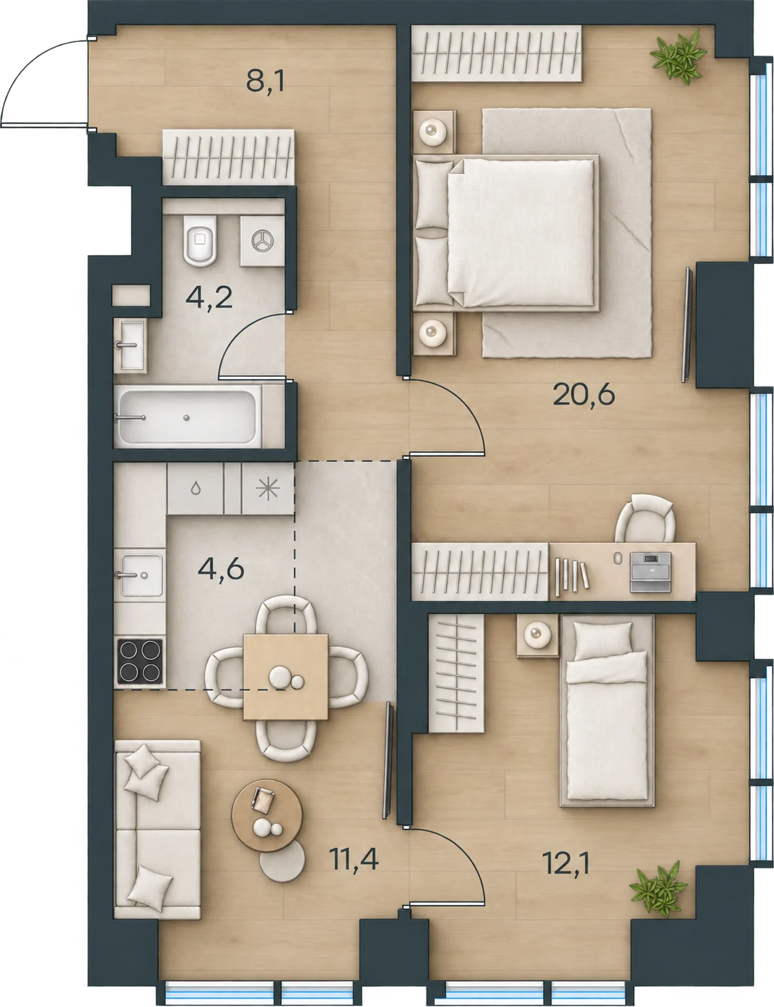 Планировка Level Павелецкая Сити, 61,0 м² — 3D AI-иллюстрация