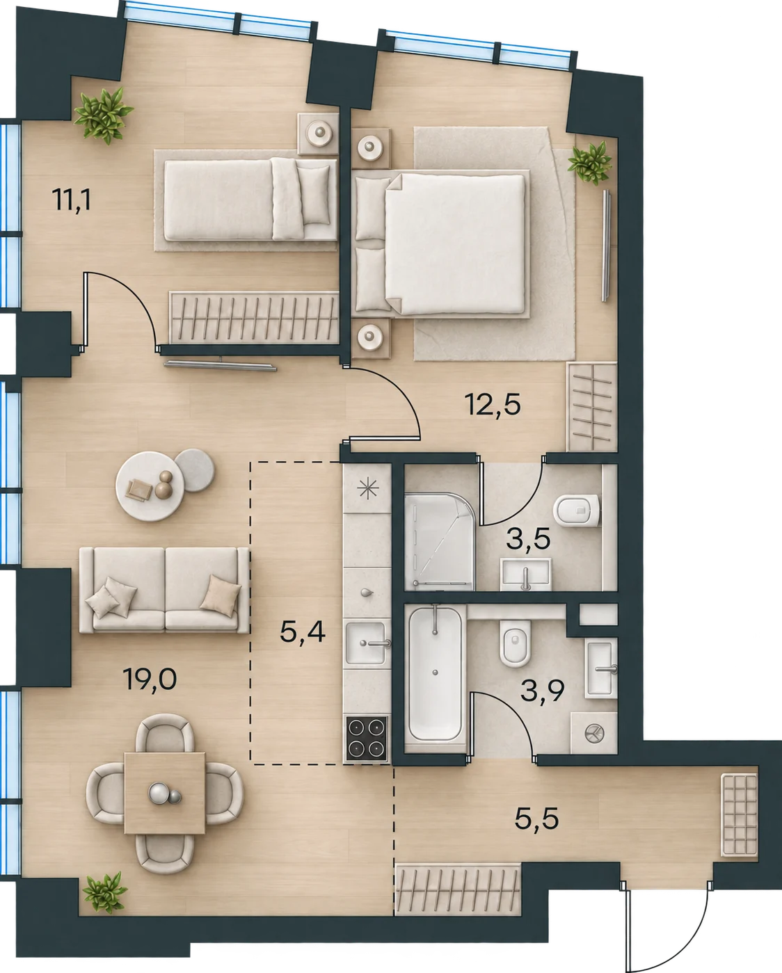 Планировка Level Павелецкая Сити, 60,9 м² — 3D AI-иллюстрация