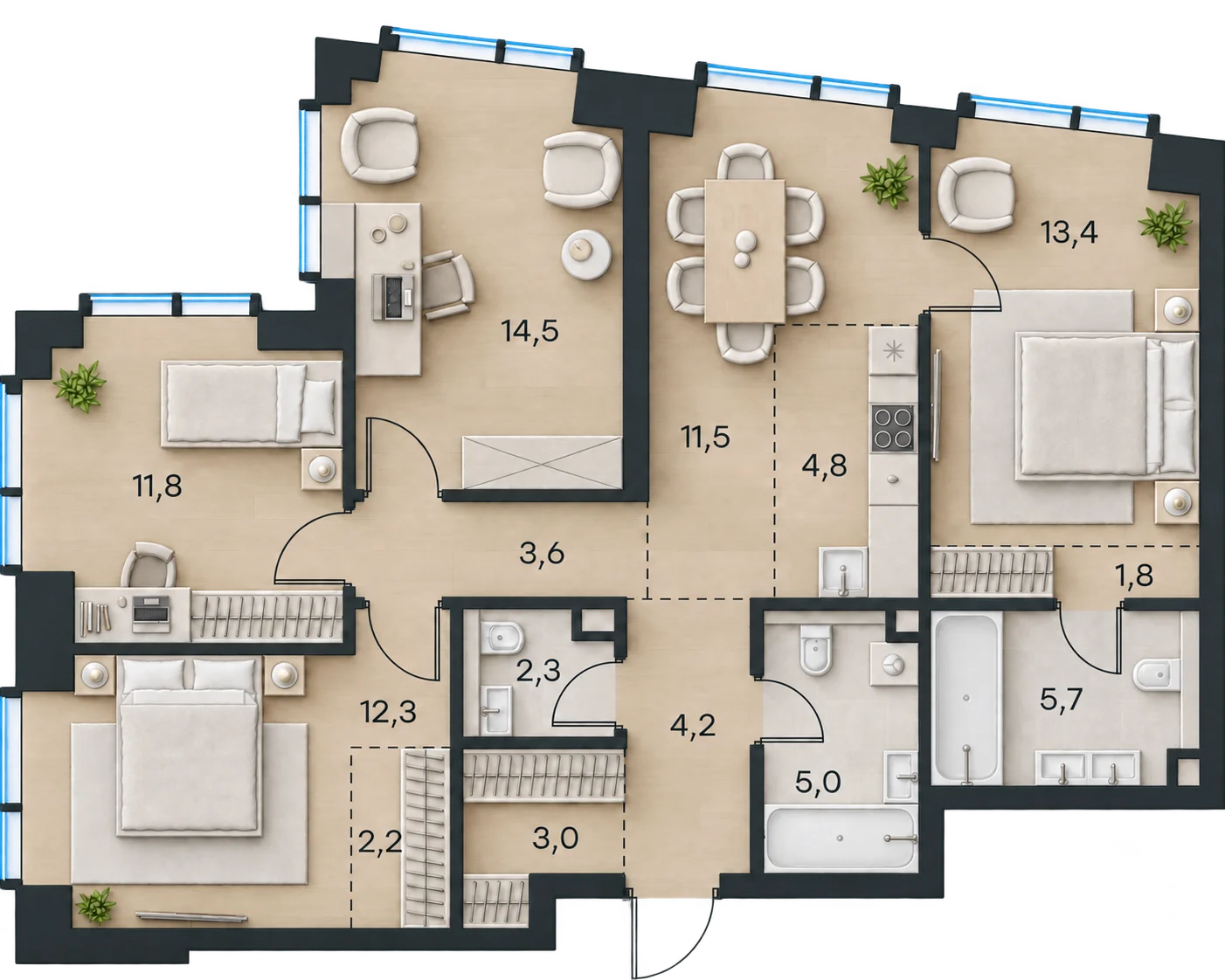 Планировка Level Павелецкая Сити, 96,1 м² — 3D AI-иллюстрация