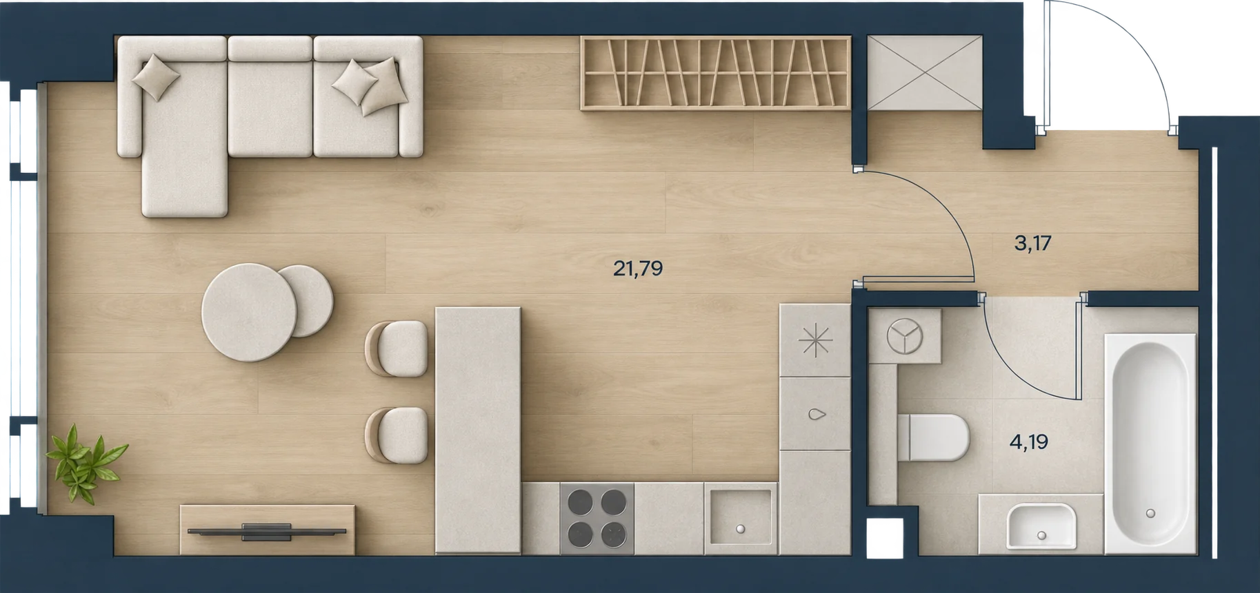 Планировка Level Павелецкая Сити, 29,15 м² — 3D AI-иллюстрация