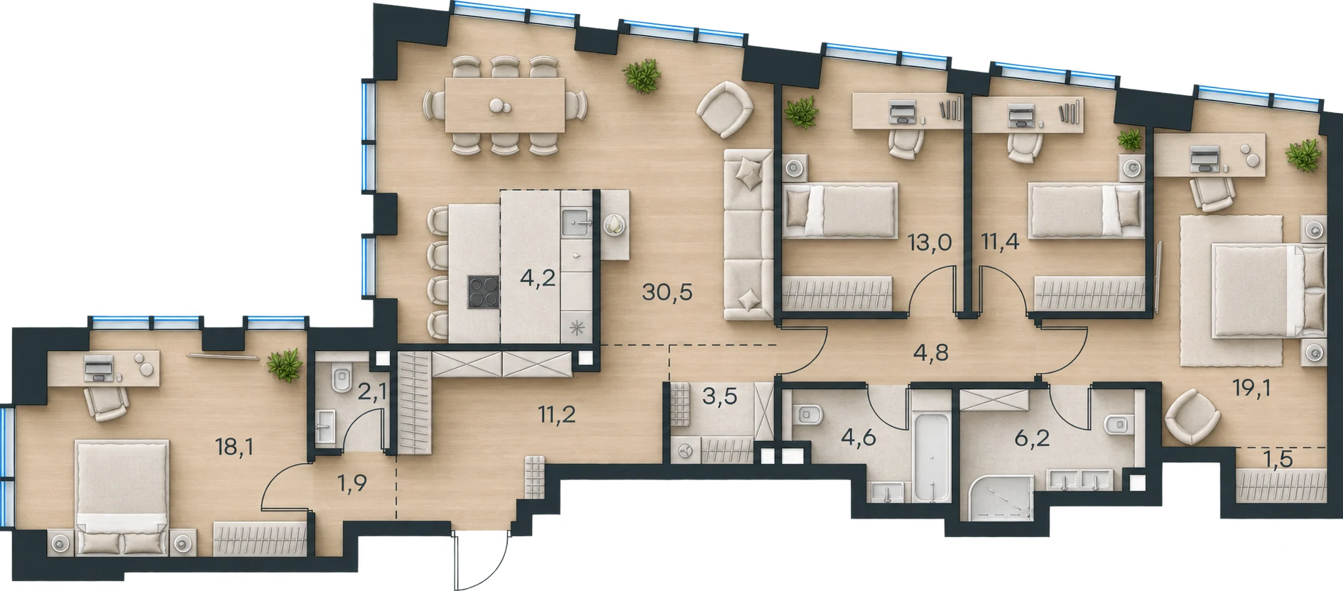 Планировка Level Павелецкая Сити, 132,1 м² — 3D AI-иллюстрация