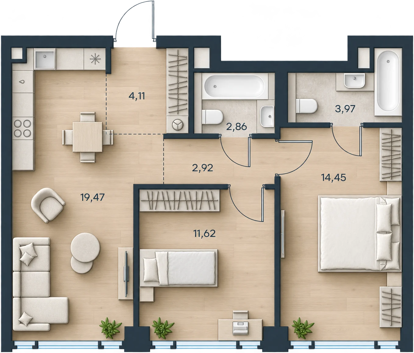 Планировка Level Павелецкая Сити, 59,4 м² — 3D AI-иллюстрация