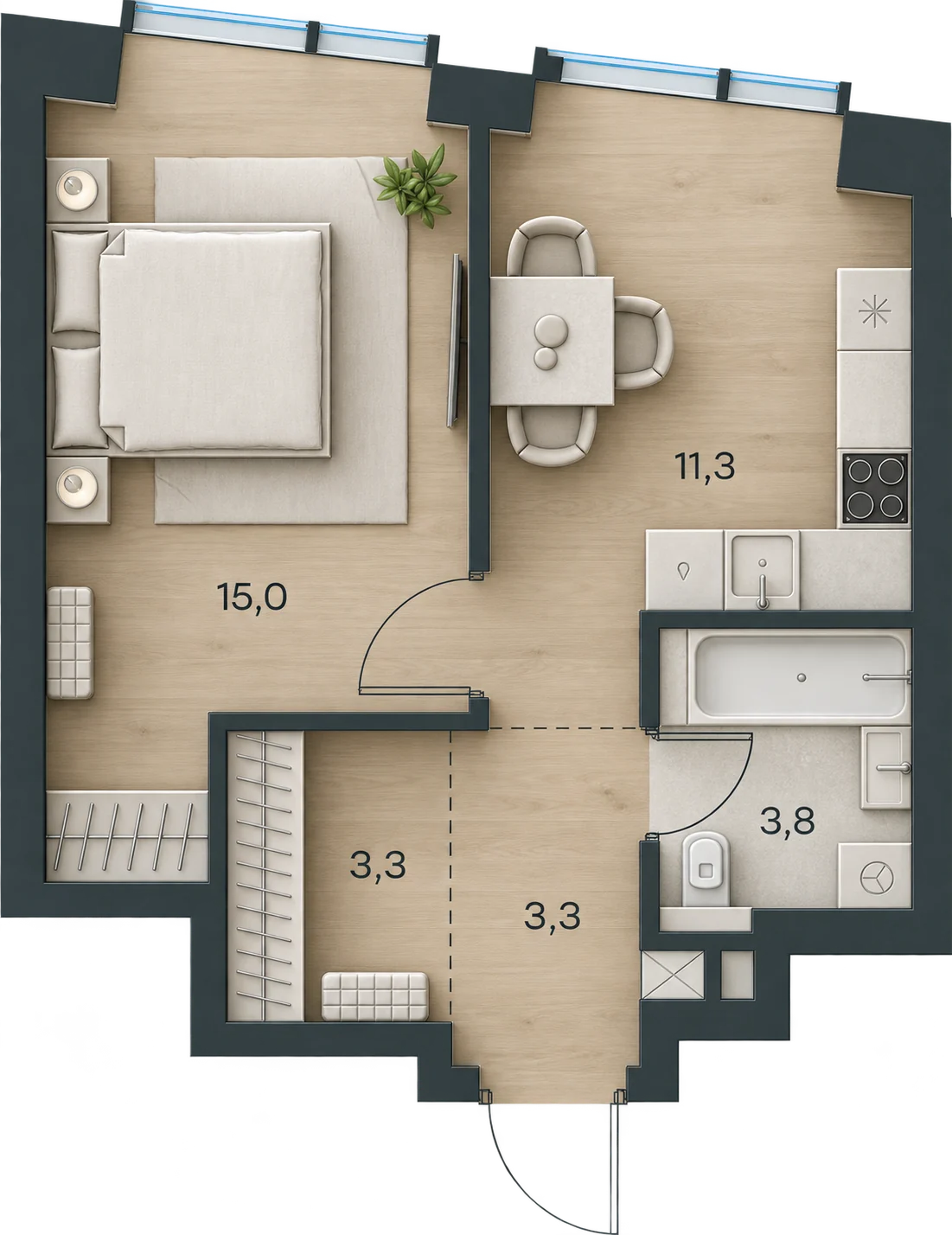 Планировка Level Павелецкая Сити, 36,7 м² — 3D AI-иллюстрация