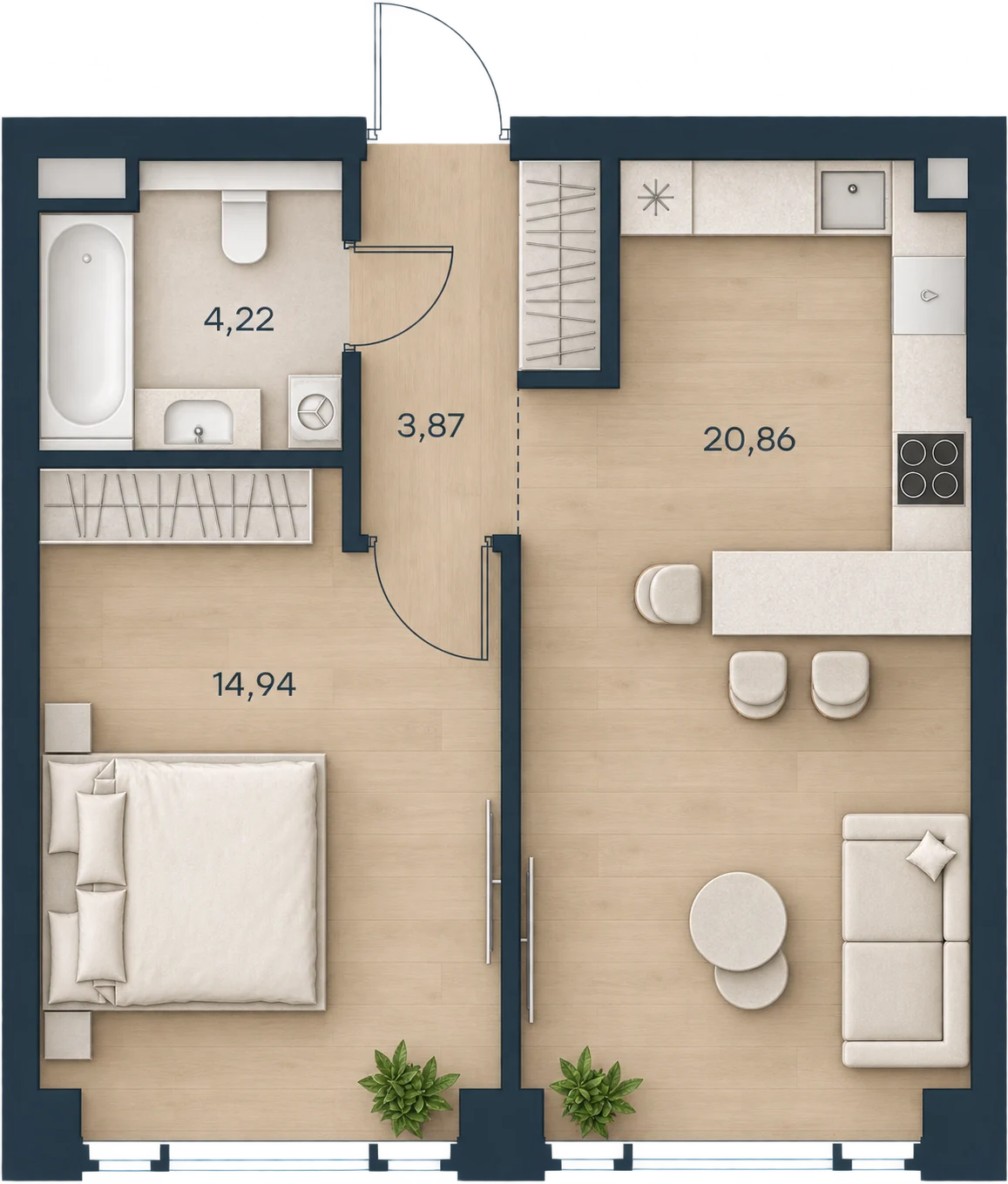 Планировка Level Павелецкая Сити, 43,89 м² — 3D AI-иллюстрация