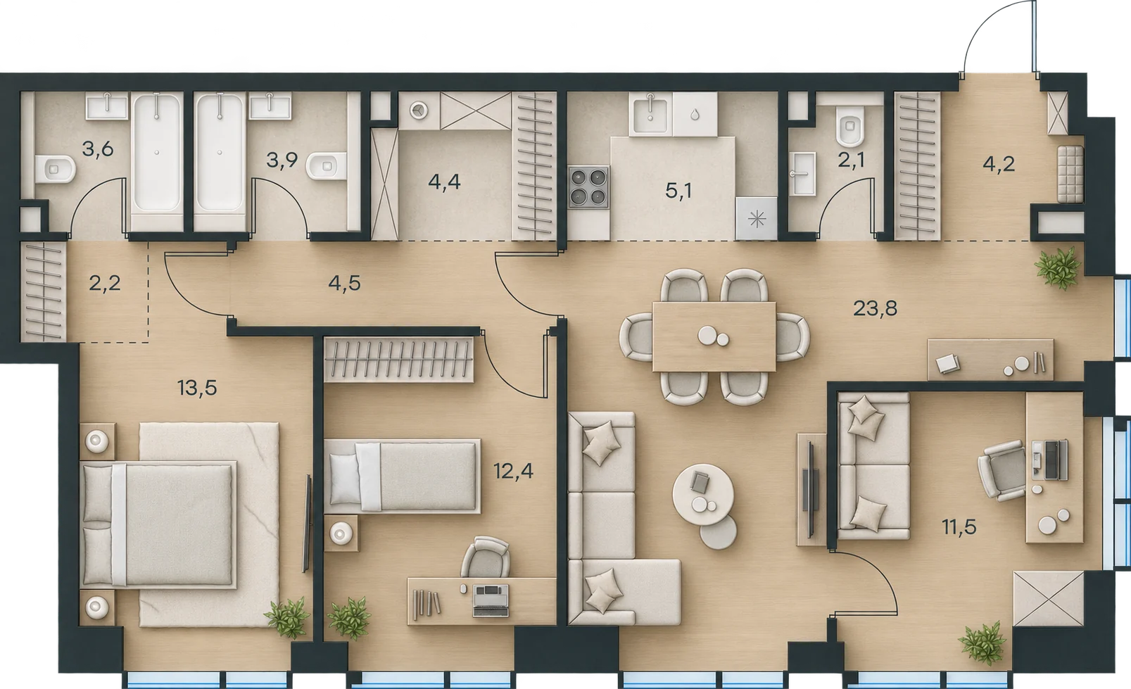Планировка Level Павелецкая Сити, 91,2 м² — 3D AI-иллюстрация