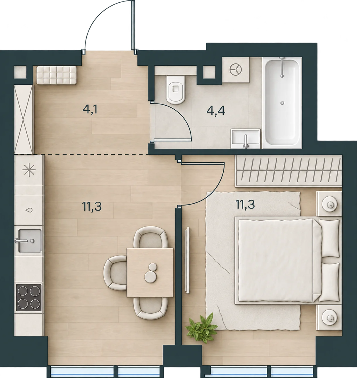 Планировка Level Павелецкая Сити, 31,1 м² — 3D AI-иллюстрация