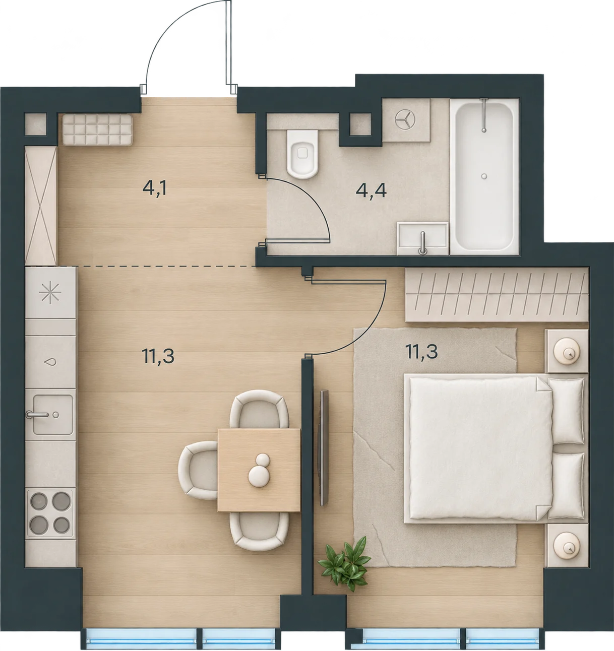 Планировка Level Павелецкая Сити, 31,1 м² — 3D AI-иллюстрация