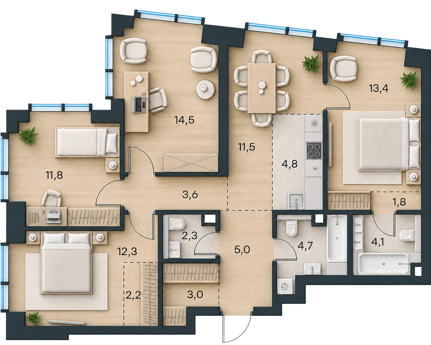 Планировка Level Павелецкая Сити, 95,0 м² — 3D AI-иллюстрация