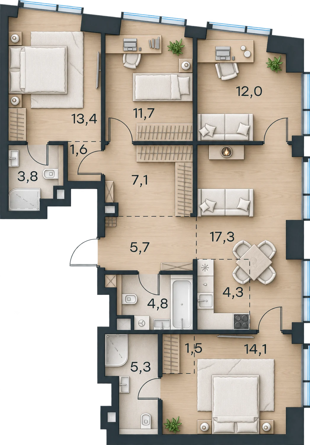 Планировка Level Павелецкая Сити, 102,6 м² — 3D AI-иллюстрация