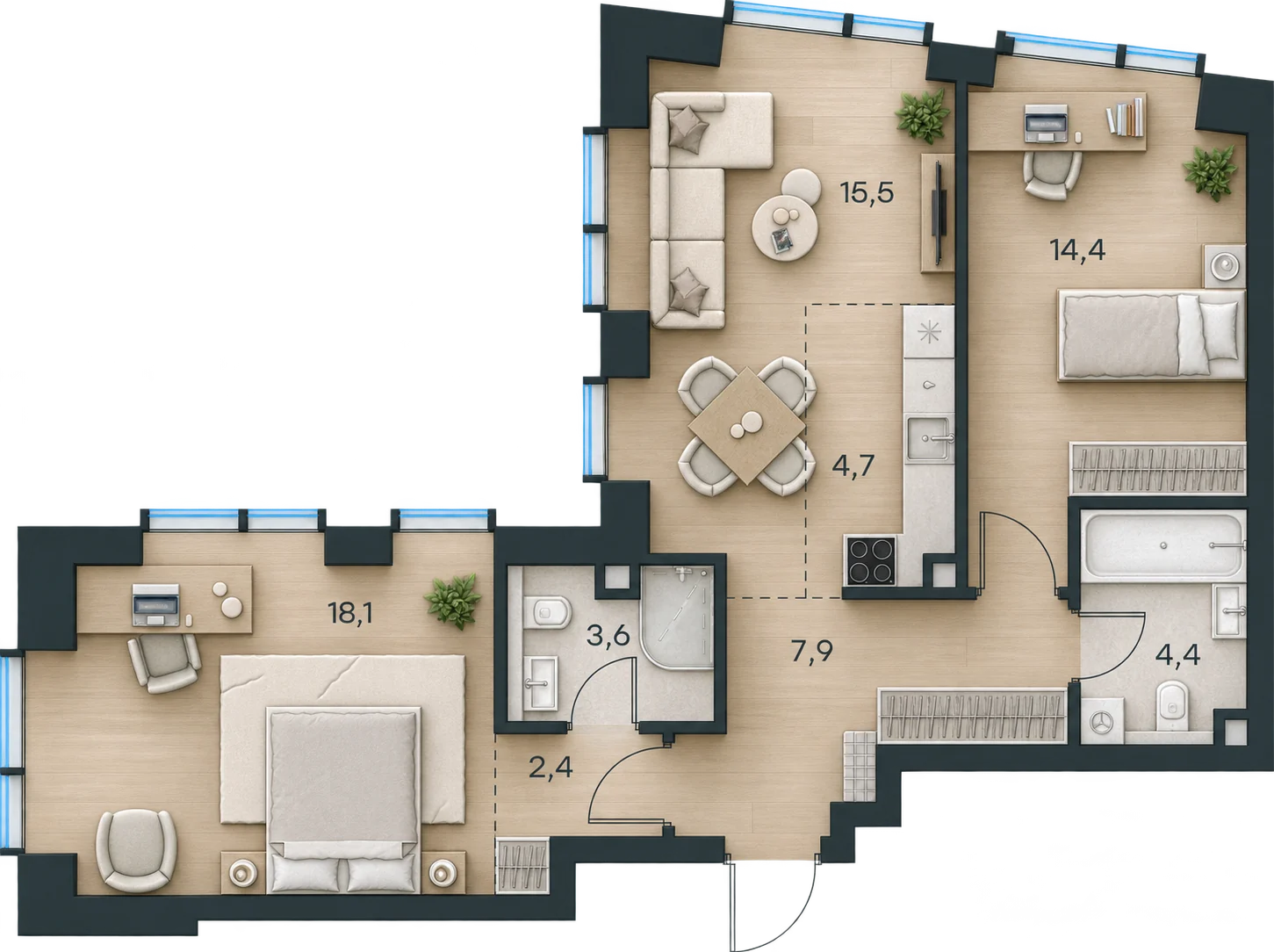 Планировка Level Павелецкая Сити, 71,0 м² — 3D AI-иллюстрация